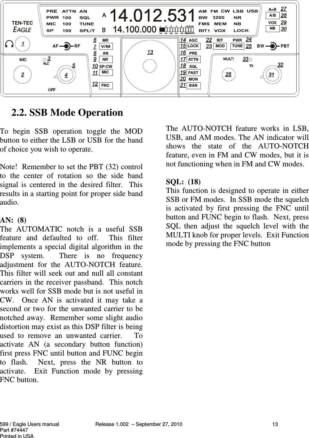599 / Eagle Users manual Release 1.002  – September 27, 2010 13Part #74447Printed in USA2.2. SSB Mode OperationTo  begin  SSB  operation  toggle  the  MODbutton to either the LSB or USB for the bandof choice you wish to operate.Note!  Remember to set the PBT (32) controlto  the  center  of  rotation  so  the  side  bandsignal is  centered in  the  desired  filter.    Thisresults in a starting point for proper side bandaudio.AN:  (8)The  AUTOMATIC  notch  is  a  useful  SSBfeature  and  defaulted  to  off.    This  filterimplements a special digital algorithm in theDSP  system.    There  is  no  frequencyadjustment  for  the  AUTO-NOTCH  feature.This filter will seek out and null all constantcarriers in the receiver passband.  This notchworks well for SSB mode but is not useful inCW.    Once  AN  is  activated  it  may  take  asecond or two for the unwanted carrier to benotched away.  Remember some slight audiodistortion may exist as this DSP filter is beingused  to  remove  an  unwanted  carrier.      Toactivate  AN  (a  secondary  button  function)first press FNC until button and FUNC beginto  flash.    Next,  press  the  NR  button  toactivate.    Exit  Function  mode  by  pressingFNC button.The  AUTO-NOTCH  feature  works  in  LSB,USB, and AM modes. The AN indicator willshows  the  state  of  the  AUTO-NOTCHfeature, even in FM and CW modes, but it isnot functioning when in FM and CW modes.SQL:  (18)This function is designed to operate in eitherSSB or FM modes.  In SSB mode the squelchis  activated  by  first  pressing  the  FNC  untilbutton and FUNC begin to flash.  Next, pressSQL  then  adjust  the  squelch  level  with  theMULTI knob for proper levels.  Exit Functionmode by pressing the FNC button  TEN-TECAF RFMRANSP-CWBWPBTA=BVOXPWRRITAGCPRESQLMON NRMICFNCLOCKATTNFASTBANMOD TUNEA/BNB