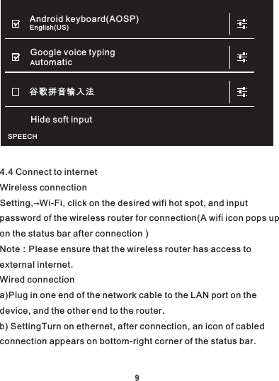 4.4 Connect to internetWireless connectionSetting,→Wi-Fi, click on the desired wifi hot spot, and input password of the wireless router for connection(A wifi icon pops up on the status bar after connection）Note：Please ensure that the wireless router has access to external internet.Wired connectiona)Plug in one end of the network cable to the LAN port on the device, and the other end to the router.b) SettingTurn on ethernet, after connection, an icon of cabled connection appears on bottom-right corner of the status bar.英语（美国）Android键盘Android keyboard(AOSP)English(US)√√Google voice typingAutomatic谷歌拼音输入法Hide soft inputSPEECH9