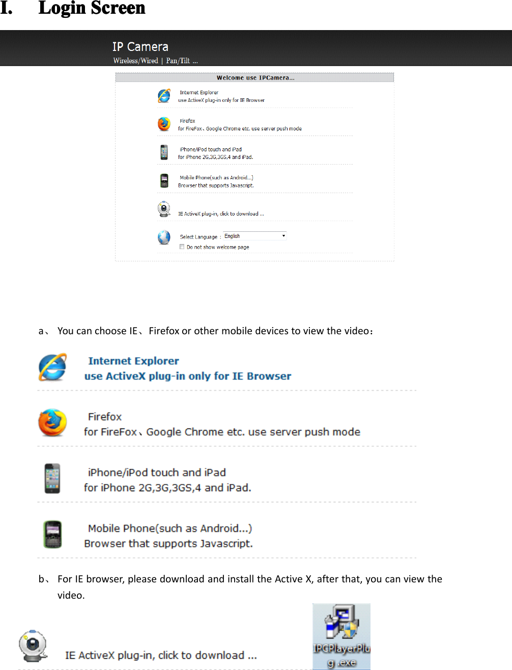 I.I.I.I. LoginLoginLoginLogin ScreenScreenScreenScreena、You can choose IE 、Firefox or other mobile devices to view the video ：b、For IE browser, please download and install the Active X, after that, you can view thevideo.