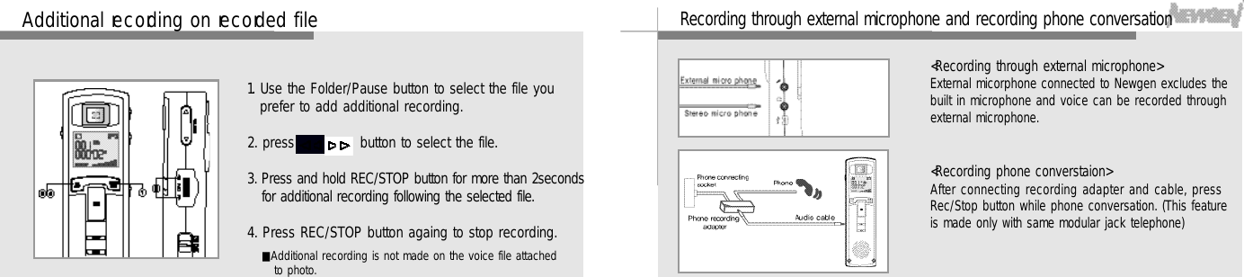 2 3Recording through external microphone and recording phone conversation&lt;Recording through external microphone&gt;External micorphone connected to Newgen excludes thebuilt in microphone and voice can be recorded throughexternal microphone.&lt;Recording phone converstaion&gt;After connecting recording adapter and cable, pressRec/Stop button while phone conversation. (This featureis made only with same modular jack telephone)2 2Additional re c o rding on re c o rded file1. Use the Folder/Pause button to select the file youprefer to add additional recording.2. press      ,      button to select the file.3. Press and hold REC/STOP button for more than 2secondsfor additional recording following the selected file.4. Press REC/STOP button againg to stop recording.■Additional recording is not made on the voice file attachedto photo.