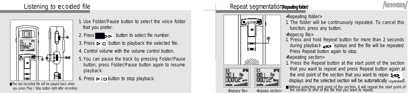 2 5&lt;Repeating folder&gt;1. The folder will be continuously repeated. To cancel thisfunction, press any button.&lt;Repecrg file&gt;1. Press and hold Repeat button for more than 2 secondsduring playback,     displays and the file will be repeated.Press Repeat button again to stop.&lt;Repeating section&gt;1. Press the Repeat button at the start point of the sectionthat you want to repeat and press Repeat button again atthe end point of the section that you want to repeat.displays and the selected section will be automatically repeated.■Without selecting end point of the section, it will repeat the start point ofthe section to end of the file that you want to repeat.Repeat segmentation(Repeating folder)&lt;Repeary file&gt;    &lt;Repeary section&gt;2 4Listening to re c o rded file1. Use Folder/Pause button to select the voice folderthat you prefer.2. Press      ,      button to select file number.3. Press    /   button to playback the selected file.4. Control volume with the volume control button.5. You can pause the track by pressing Folder/Pausebutton, press Folder/Pause button again to resumep l a y b a c k .6. Press    /   button to stop playback.■The last recorded file will be played back when you press Play / Stop button right after recording.