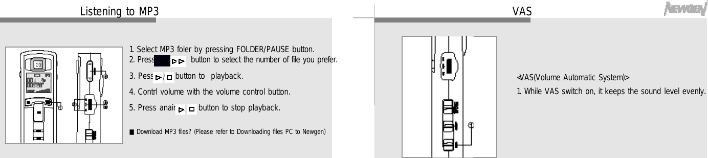 2 9VAS&lt;VAS(Volume Automatic System)&gt;1. While VAS switch on, it keeps the sound level evenly.2 8Listening to MP31. Select MP3 foler by pressing FOLDER/PAUSE button.2. Press      ,      button to setect the number of file you prefer.3. Pess   /   button to  playback.4. Contrl volume with the volume control button.5. Press anain   /   button to stop playback.■Download MP3 files? (Please refer to Downloading files PC to Newgen)