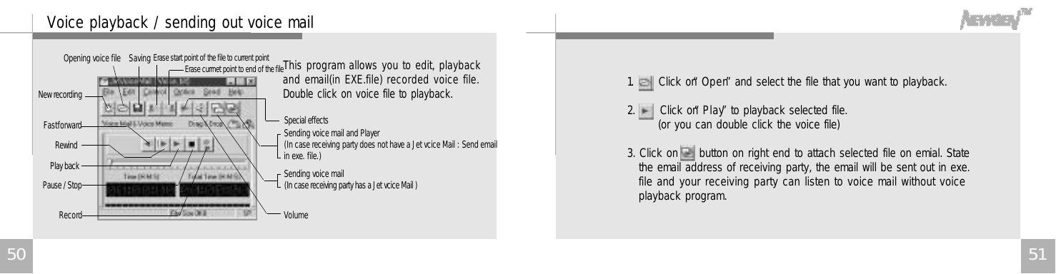 5 15 0This program allows you to edit, playbackand email(in EXE.file) recorded voice file.Double click on voice file to playback.Voice playback / sending out voice mailNew recordingOpening voice file S a v i n g Erase start point of the file to current point Erase currnet point to end of the fileSpecial effectsV o l u m eSending voice mail(In case receiving party has a Jet vcice Mail )Sending voice mail and Player(In case receiving party does not have a Jet vcice Mail : Send emailin exe. file.)F a s t f o r w a r dRewind Play backPause / StopR e c o r d1.      Click on “O p e n”and select the file that you want to playback.2.      Click on “P l a y”to playback selected file. (or you can double click the voice file)3. Click on     button on right end to attach selected file on emial. Statethe email address of receiving party, the email will be sent out in exe.file and your receiving party can listen to voice mail without voiceplayback program.