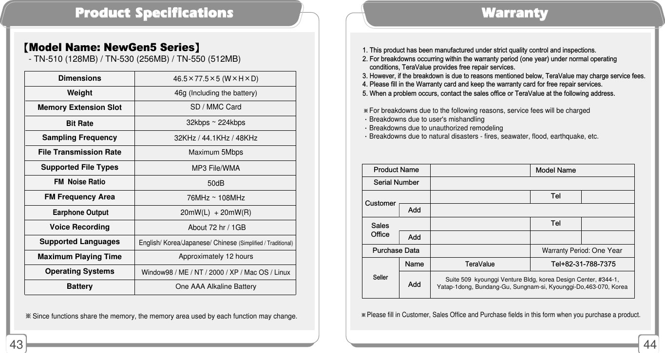 4443WWaarrrraannttyy1. This product has been manufactured under strict quality control and inspections. 2. For breakdowns occurring within the warranty period (one year) under normal operating  conditions, TeraValue provides free repair services. 3. However, if the breakdown is due to reasons mentioned below, TeraValue may charge service fees. 4. Please fill in the Warranty card and keep the warranty card for free repair services. 5. When a problem occurs, contact the sales office or TeraValue at the following address. ※For breakdowns due to the following reasons, service fees will be charged·Breakdowns due to user&apos;s mishandling·Breakdowns due to unauthorized remodeling·Breakdowns due to natural disasters - fires, seawater, flood, earthquake, etc.Product NameTeraValue※Please fill in Customer, Sales Office and Purchase fields in this form when you purchase a product. Purchase DataCustomerSalesOfficeSellerAddAddNameAddSerial NumberModel NameTelTelWarranty Period: One YearTel+82-31-788-7375PPrroodduucctt SSppeecciiffiiccaattiioonnss※Since functions share the memory, the memory area used by each function may change.【Model Name: NewGen5 Series】- TN-510 (128MB) / TN-530 (256MB) / TN-550 (512MB)DimensionsWeightMemory Extension SlotBit RateSampling FrequencyFile Transmission RateSupported File TypesFM  Noise RatioFM Frequency AreaEarphone OutputVoice RecordingSupported LanguagesMaximum Playing TimeOperating SystemsBattery46.5×77.5×5 (W×H×D)46g (Including the battery)SD / MMC Card32kbps ~224kbps32KHz / 44.1KHz / 48KHzMaximum 5MbpsMP3 File/WMA50dB76MHz ~108MHz20mW(L)  + 20mW(R)About 72 hr / 1GBEnglish/ Korea/Japanese/ Chinese (Simplified / Traditional)Approximately 12 hoursWindow98 / ME / NT / 2000 / XP / Mac OS / LinuxOne AAA Alkaline Battery  Suite 509  kyounggi Venture Bldg, korea Design Center, #344-1, Yatap-1dong, Bundang-Gu, Sungnam-si, Kyounggi-Do,463-070, Korea