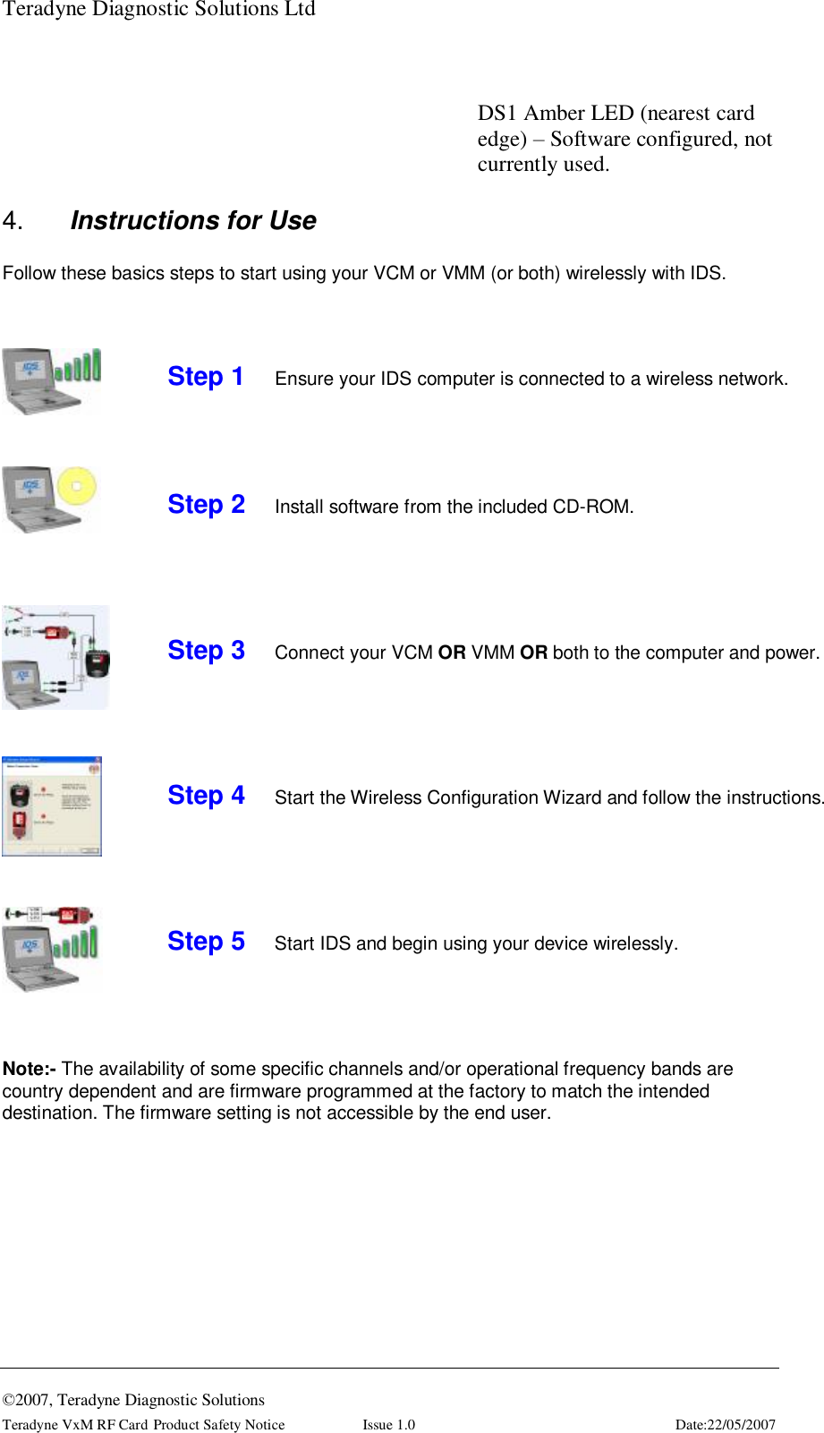 Teradyne Diagnostic Solutions Ltd  ©2007, Teradyne Diagnostic Solutions Teradyne VxM RF Card Product Safety Notice  Issue 1.0  Date:22/05/2007  DS1 Amber LED (nearest card edge) – Software configured, not currently used. 4.  Instructions for Use  Follow these basics steps to start using your VCM or VMM (or both) wirelessly with IDS.                                Note:- The availability of some specific channels and/or operational frequency bands are country dependent and are firmware programmed at the factory to match the intended destination. The firmware setting is not accessible by the end user.  Step 1    Ensure your IDS computer is connected to a wireless network. Step 2    Install software from the included CD-ROM. Step 3    Connect your VCM OR VMM OR both to the computer and power.  Step 4    Start the Wireless Configuration Wizard and follow the instructions. Step 5    Start IDS and begin using your device wirelessly. 