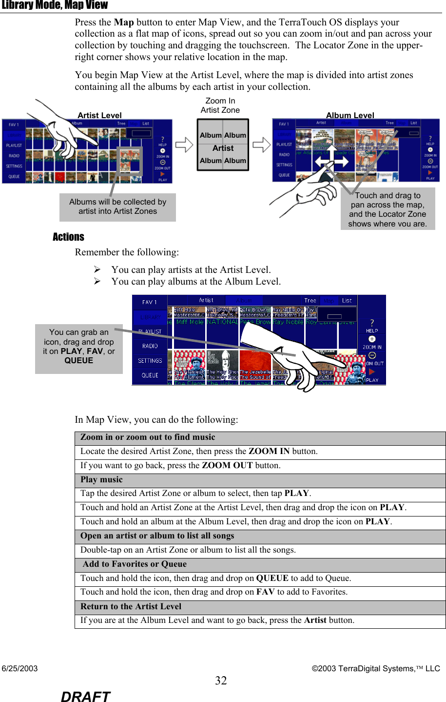 6/25/2003    ©2003 TerraDigital Systems, LLC 32  DRAFT Library Mode, Map View Press the Map button to enter Map View, and the TerraTouch OS displays your collection as a flat map of icons, spread out so you can zoom in/out and pan across your collection by touching and dragging the touchscreen.  The Locator Zone in the upper-right corner shows your relative location in the map. You begin Map View at the Artist Level, where the map is divided into artist zones containing all the albums by each artist in your collection.    Actions Remember the following: ¾ You can play artists at the Artist Level. ¾ You can play albums at the Album Level.   In Map View, you can do the following:  Zoom in or zoom out to find music Locate the desired Artist Zone, then press the ZOOM IN button. If you want to go back, press the ZOOM OUT button. Play music  Tap the desired Artist Zone or album to select, then tap PLAY. Touch and hold an Artist Zone at the Artist Level, then drag and drop the icon on PLAY. Touch and hold an album at the Album Level, then drag and drop the icon on PLAY. Open an artist or album to list all songs Double-tap on an Artist Zone or album to list all the songs.  Add to Favorites or Queue Touch and hold the icon, then drag and drop on QUEUE to add to Queue. Touch and hold the icon, then drag and drop on FAV to add to Favorites. Return to the Artist Level If you are at the Album Level and want to go back, press the Artist button. ArtistLevelAlbum LevelZoom In Artist Zone ArtistAlbumAlbumAlbumAlbumTouch and drag to pan across the map, and the Locator Zone shows where you are.Albums will be collected by artist into Artist Zones You can grab an icon, drag and drop it on PLAY, FAV, or QUEUE 