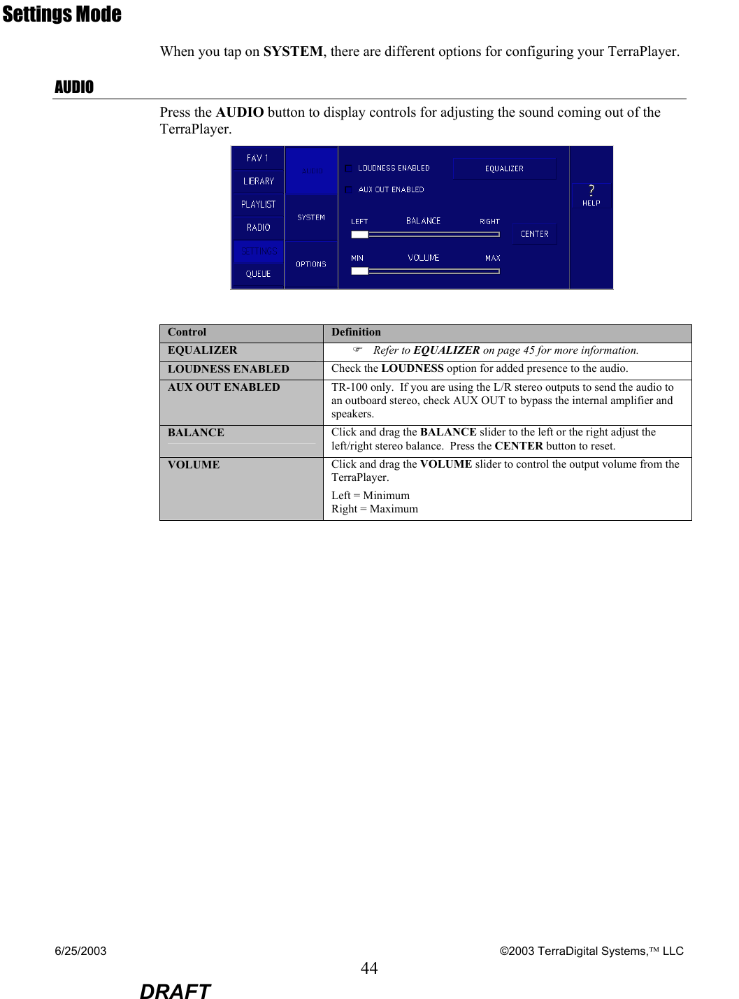 6/25/2003    ©2003 TerraDigital Systems, LLC 44  DRAFT Settings Mode When you tap on SYSTEM, there are different options for configuring your TerraPlayer. AUDIO Press the AUDIO button to display controls for adjusting the sound coming out of the TerraPlayer.     Control  Definition EQUALIZER  ) Refer to EQUALIZER on page 45 for more information. LOUDNESS ENABLED  Check the LOUDNESS option for added presence to the audio. AUX OUT ENABLED  TR-100 only.  If you are using the L/R stereo outputs to send the audio to an outboard stereo, check AUX OUT to bypass the internal amplifier and speakers. BALANCE  Click and drag the BALANCE slider to the left or the right adjust the left/right stereo balance.  Press the CENTER button to reset. VOLUME  Click and drag the VOLUME slider to control the output volume from the TerraPlayer. Left = Minimum Right = Maximum  