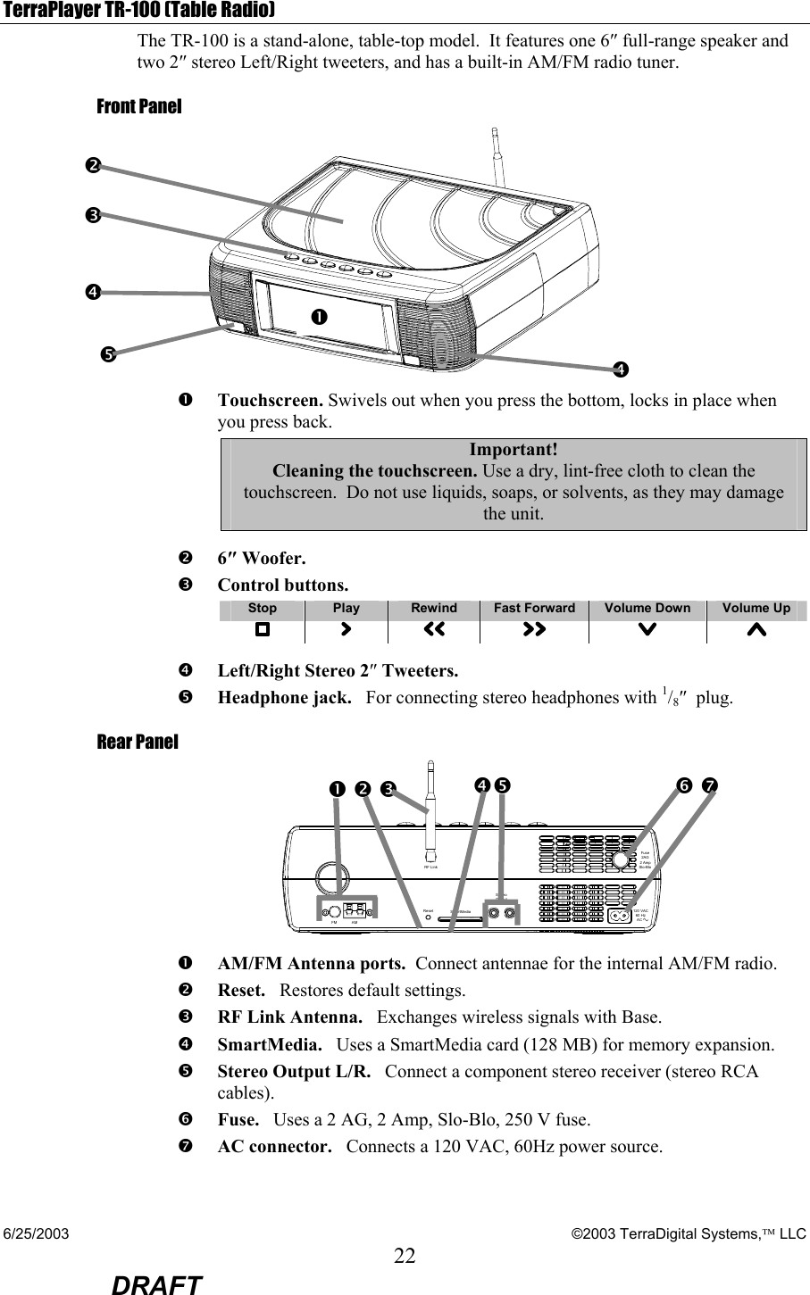 6/25/2003    ©2003 TerraDigital Systems, LLC 22  DRAFT TerraPlayer TR-100 (Table Radio) The TR-100 is a stand-alone, table-top model.  It features one 6″ full-range speaker and two 2″ stereo Left/Right tweeters, and has a built-in AM/FM radio tuner.    Front Panel  n Touchscreen. Swivels out when you press the bottom, locks in place when you press back. Important! Cleaning the touchscreen. Use a dry, lint-free cloth to clean the touchscreen.  Do not use liquids, soaps, or solvents, as they may damage the unit.  o 6″ Woofer.    p Control buttons.     Stop  Play  Rewind  Fast Forward  Volume Down  Volume Up        q Left/Right Stereo 2″ Tweeters.     r Headphone jack.   For connecting stereo headphones with 1/8″  plug. Rear Panel 120 VAC60 HzACRadio AntennaFM  AMSmartMediaResetStereoOutputRLRF LinkFuse2AG2 AmpSlo-Blo n AM/FM Antenna ports.  Connect antennae for the internal AM/FM radio. o Reset.   Restores default settings. p RF Link Antenna.   Exchanges wireless signals with Base. q SmartMedia.   Uses a SmartMedia card (128 MB) for memory expansion. r Stereo Output L/R.   Connect a component stereo receiver (stereo RCA cables). s Fuse.   Uses a 2 AG, 2 Amp, Slo-Blo, 250 V fuse. t AC connector.   Connects a 120 VAC, 60Hz power source. o  p   q nr qnop qr                             s t 