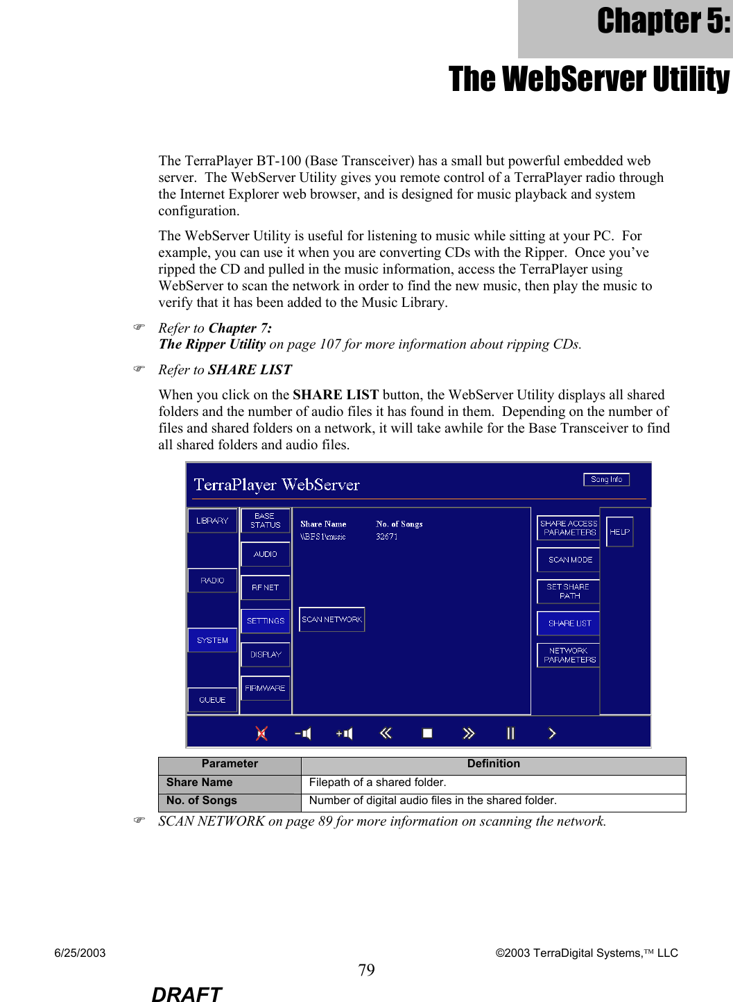 6/25/2003    ©2003 TerraDigital Systems, LLC 79  DRAFT Chapter 5: The WebServer Utility The TerraPlayer BT-100 (Base Transceiver) has a small but powerful embedded web server.  The WebServer Utility gives you remote control of a TerraPlayer radio through the Internet Explorer web browser, and is designed for music playback and system configuration.  The WebServer Utility is useful for listening to music while sitting at your PC.  For example, you can use it when you are converting CDs with the Ripper.  Once you’ve ripped the CD and pulled in the music information, access the TerraPlayer using WebServer to scan the network in order to find the new music, then play the music to verify that it has been added to the Music Library. ) Refer to Chapter 7: The Ripper Utility on page 107 for more information about ripping CDs.   ) Refer to SHARE LIST When you click on the SHARE LIST button, the WebServer Utility displays all shared folders and the number of audio files it has found in them.  Depending on the number of files and shared folders on a network, it will take awhile for the Base Transceiver to find all shared folders and audio files.      Parameter  Definition Share Name  Filepath of a shared folder. No. of Songs  Number of digital audio files in the shared folder. ) SCAN NETWORK on page 89 for more information on scanning the network. 