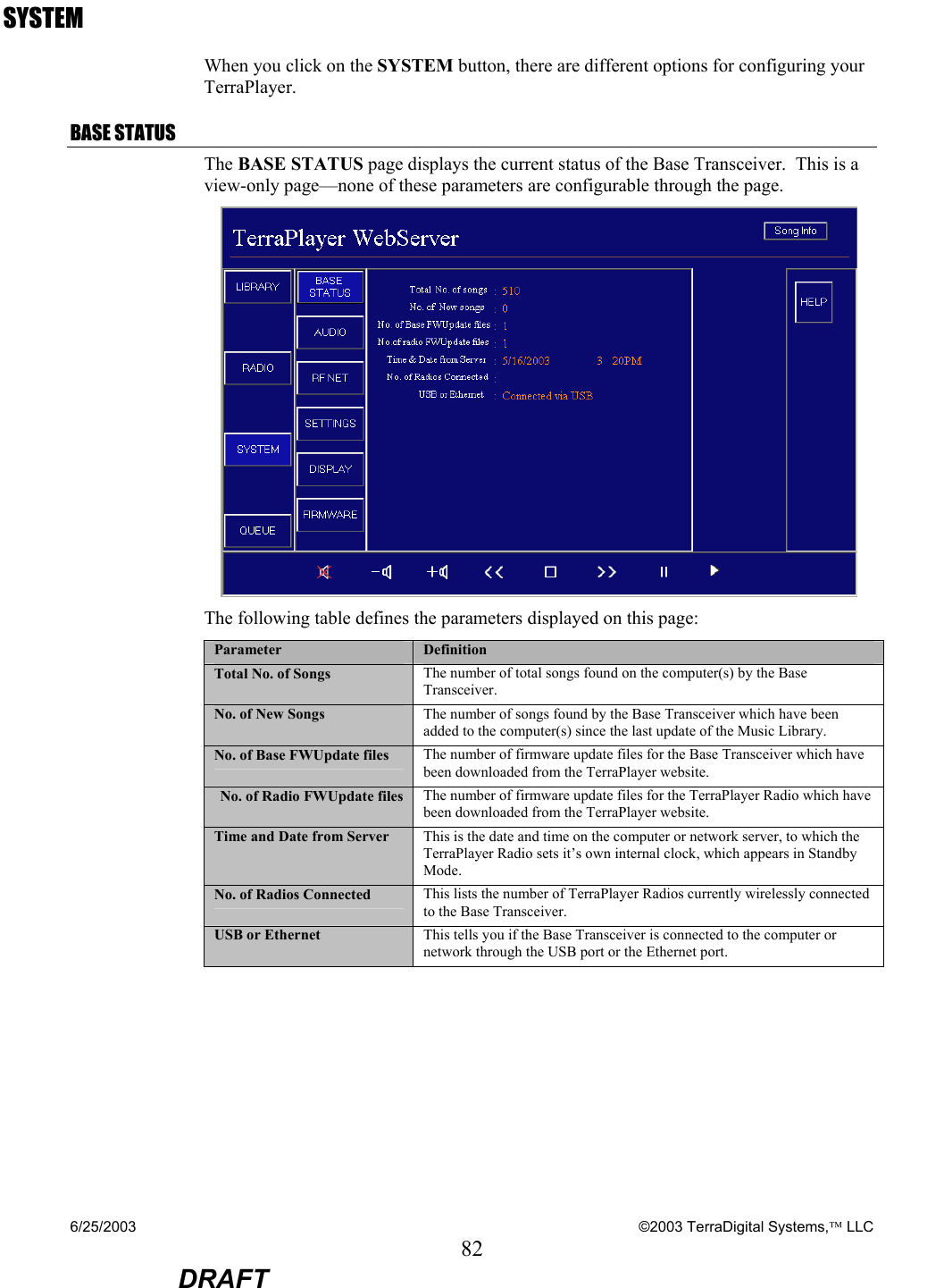 6/25/2003    ©2003 TerraDigital Systems, LLC 82  DRAFT SYSTEM When you click on the SYSTEM button, there are different options for configuring your TerraPlayer. BASE STATUS The BASE STATUS page displays the current status of the Base Transceiver.  This is a view-only page—none of these parameters are configurable through the page.  The following table defines the parameters displayed on this page: Parameter  Definition Total No. of Songs  The number of total songs found on the computer(s) by the Base Transceiver. No. of New Songs  The number of songs found by the Base Transceiver which have been added to the computer(s) since the last update of the Music Library. No. of Base FWUpdate files  The number of firmware update files for the Base Transceiver which have been downloaded from the TerraPlayer website. No. of Radio FWUpdate files  The number of firmware update files for the TerraPlayer Radio which have been downloaded from the TerraPlayer website. Time and Date from Server  This is the date and time on the computer or network server, to which the TerraPlayer Radio sets it’s own internal clock, which appears in Standby Mode. No. of Radios Connected  This lists the number of TerraPlayer Radios currently wirelessly connected to the Base Transceiver. USB or Ethernet  This tells you if the Base Transceiver is connected to the computer or network through the USB port or the Ethernet port.   