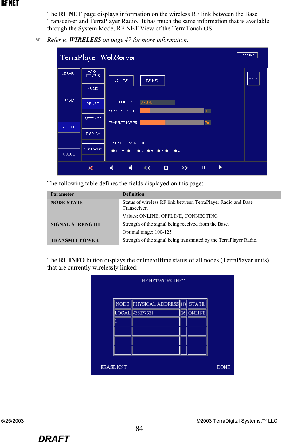 6/25/2003    ©2003 TerraDigital Systems, LLC 84  DRAFT RF NET The RF NET page displays information on the wireless RF link between the Base Transceiver and TerraPlayer Radio.  It has much the same information that is available through the System Mode, RF NET View of the TerraTouch OS. ) Refer to WIRELESS on page 47 for more information.  The following table defines the fields displayed on this page: Parameter  Definition NODE STATE  Status of wireless RF link between TerraPlayer Radio and Base Transceiver.   Values: ONLINE, OFFLINE, CONNECTING SIGNAL STRENGTH  Strength of the signal being received from the Base.  Optimal range: 100-125 TRANSMIT POWER  Strength of the signal being transmitted by the TerraPlayer Radio.  The RF INFO button displays the online/offline status of all nodes (TerraPlayer units) that are currently wirelessly linked:  