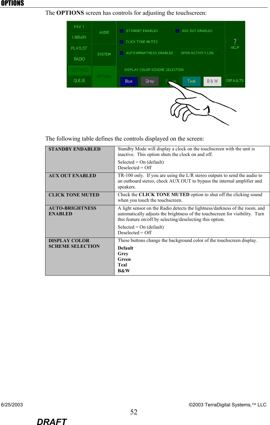 6/25/2003    ©2003 TerraDigital Systems, LLC 52  DRAFT OPTIONS The OPTIONS screen has controls for adjusting the touchscreen:  The following table defines the controls displayed on the screen: STANDBY ENDABLED  Standby Mode will display a clock on the touchscreen with the unit is inactive.  This option shuts the clock on and off.   Selected = On (default) Deselected = Off AUX OUT ENABLED  TR-100 only.  If you are using the L/R stereo outputs to send the audio to an outboard stereo, check AUX OUT to bypass the internal amplifier and speakers. CLICK TONE MUTED  Check the CLICK TONE MUTED option to shut off the clicking sound when you touch the touchscreen. AUTO-BRIGHTNESS ENABLED A light sensor on the Radio detects the lightness/darkness of the room, and automatically adjusts the brightness of the touchscreen for visibility.  Turn this feature on/off by selecting/deselecting this option. Selected = On (default) Deselected = Off DISPLAY COLOR SCHEME SELECTION These buttons change the background color of the touchscreen display. Default Grey Green Teal  B&amp;W   