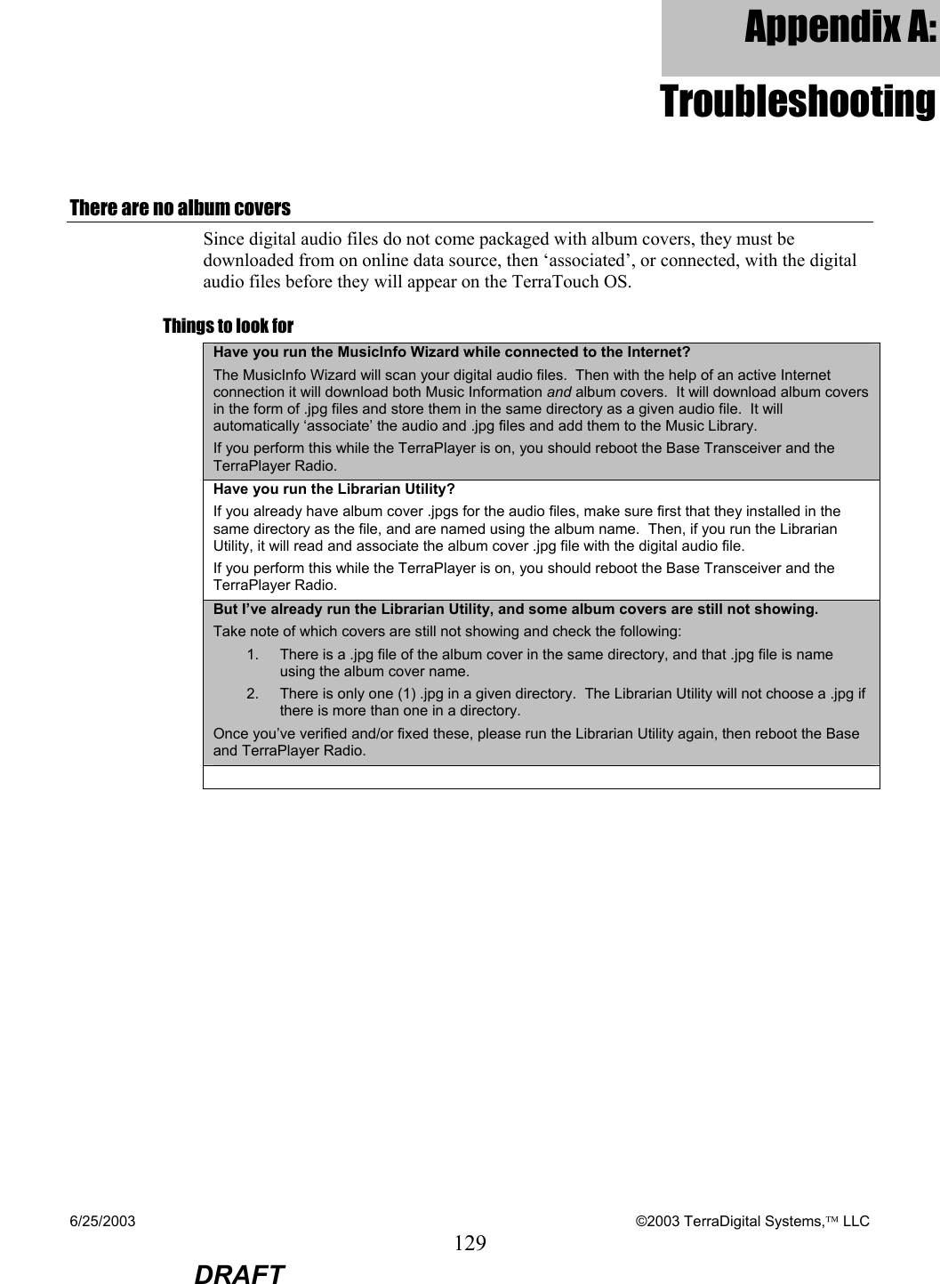 6/25/2003    ©2003 TerraDigital Systems, LLC 129  DRAFT Appendix A: Troubleshooting There are no album covers Since digital audio files do not come packaged with album covers, they must be downloaded from on online data source, then ‘associated’, or connected, with the digital audio files before they will appear on the TerraTouch OS. Things to look for Have you run the MusicInfo Wizard while connected to the Internet? The MusicInfo Wizard will scan your digital audio files.  Then with the help of an active Internet connection it will download both Music Information and album covers.  It will download album covers in the form of .jpg files and store them in the same directory as a given audio file.  It will automatically ‘associate’ the audio and .jpg files and add them to the Music Library.   If you perform this while the TerraPlayer is on, you should reboot the Base Transceiver and the TerraPlayer Radio. Have you run the Librarian Utility? If you already have album cover .jpgs for the audio files, make sure first that they installed in the same directory as the file, and are named using the album name.  Then, if you run the Librarian Utility, it will read and associate the album cover .jpg file with the digital audio file. If you perform this while the TerraPlayer is on, you should reboot the Base Transceiver and the TerraPlayer Radio. But I’ve already run the Librarian Utility, and some album covers are still not showing. Take note of which covers are still not showing and check the following: 1.  There is a .jpg file of the album cover in the same directory, and that .jpg file is name using the album cover name. 2.  There is only one (1) .jpg in a given directory.  The Librarian Utility will not choose a .jpg if there is more than one in a directory. Once you’ve verified and/or fixed these, please run the Librarian Utility again, then reboot the Base and TerraPlayer Radio.   