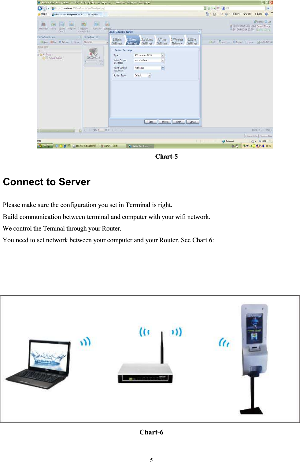 5Chart-5Connect to ServerPlease make sure the configuration you set in Terminal is right.Build communication between terminal and computer with your wifi network.We control the Teminal through your Router.You need to set network between your computer and your Router. See Chart 6: Chart-6