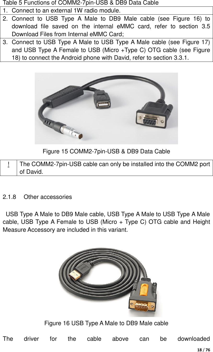  18 / 76  Table 5 Functions of COMM2-7pin-USB &amp; DB9 Data Cable 1.  Connect to an external 1W radio module. 2.  Connect  to  USB  Type  A  Male  to  DB9  Male  cable  (see  Figure  16)  to download  file  saved  on  the  internal  eMMC  card,  refer  to  section  3.5 Download Files from Internal eMMC Card; 3.  Connect to USB Type A Male to USB Type A Male cable (see Figure 17) and USB Type A Female to USB (Micro +Type C) OTG cable (see Figure 18) to connect the Android phone with David, refer to section 3.3.1.   Figure 15 COMM2-7pin-USB &amp; DB9 Data Cable  2.1.8  Other accessories   USB Type A Male to DB9 Male cable, USB Type A Male to USB Type A Male cable, USB Type A Female to USB (Micro + Type C) OTG cable and Height Measure Accessory are included in this variant.   Figure 16 USB Type A Male to DB9 Male cable  The  driver  for  the  cable  above  can  be  downloaded ! The COMM2-7pin-USB cable can only be installed into the COMM2 port of David. 