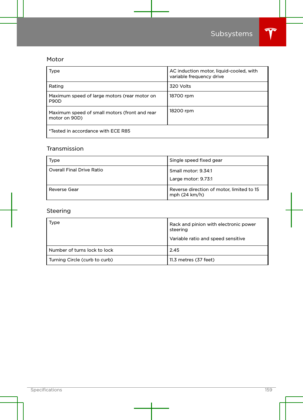 MotorType AC induction motor, liquid-cooled, withvariable frequency driveRating 320 VoltsMaximum speed of large motors (rear motor onP90D18700 rpmMaximum speed of small motors (front and rearmotor on 90D)18200 rpm*Tested in accordance with ECE R85TransmissionType Single speed ﬁxed gearOverall Final Drive Ratio Small motor: 9.34:1Large motor: 9.73:1Reverse Gear Reverse direction of motor, limited to 15mph (24 km/h)SteeringType Rack and pinion with electronic powersteeringVariable ratio and speed sensitiveNumber of turns lock to lock 2.45Turning Circle (curb to curb) 11.3 metres (37 feet)SubsystemsSpeciﬁcations 159