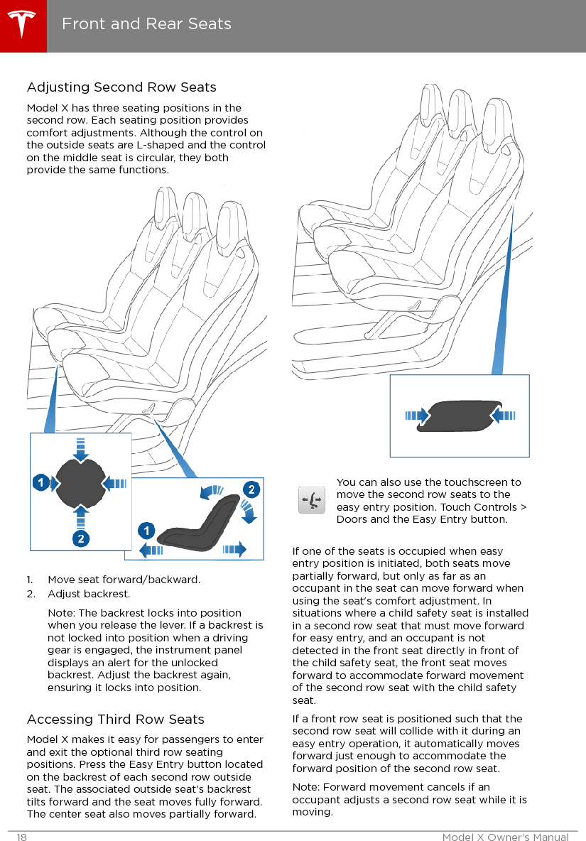 Adjusting Second Row SeatsModel X has three seating positions in thesecond row. Each seating position providescomfort adjustments. Although the control onthe outside seats are L-shaped and the controlon the middle seat is circular, they bothprovide the same functions.1. Move seat forward/backward.2. Adjust backrest.Note: The backrest locks into positionwhen you release the lever. If a backrest isnot locked into position when a drivinggear is engaged, the instrument paneldisplays an alert for the unlockedbackrest. Adjust the backrest again,ensuring it locks into position.Accessing Third Row SeatsModel X makes it easy for passengers to enterand exit the optional third row seatingpositions. Press the Easy Entry button locatedon the backrest of each second row outsideseat. The associated outside seat&apos;s backresttilts forward and the seat moves fully forward.The center seat also moves partially forward.You can also use the touchscreen tomove the second row seats to theeasy entry position. Touch Controls &gt;Doors and the Easy Entry button.If one of the seats is occupied when easyentry position is initiated, both seats movepartially forward, but only as far as anoccupant in the seat can move forward whenusing the seat&apos;s comfort adjustment. Insituations where a child safety seat is installedin a second row seat that must move forwardfor easy entry, and an occupant is notdetected in the front seat directly in front ofthe child safety seat, the front seat movesforward to accommodate forward movementof the second row seat with the child safetyseat.If a front row seat is positioned such that thesecond row seat will collide with it during aneasy entry operation, it automatically movesforward just enough to accommodate theforward position of the second row seat.Note: Forward movement cancels if anoccupant adjusts a second row seat while it ismoving.Front and Rear Seats18 Model X Owner&apos;s Manual