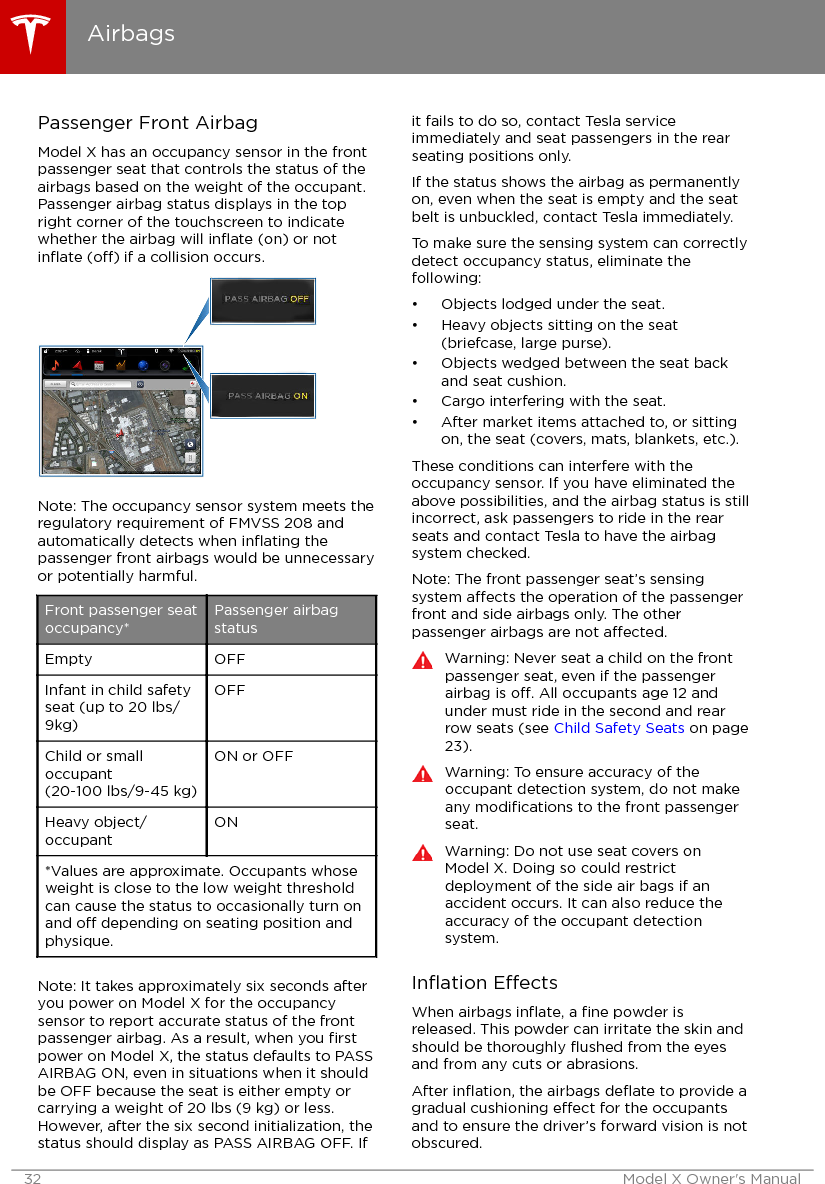 Passenger Front AirbagModel X has an occupancy sensor in the frontpassenger seat that controls the status of theairbags based on the weight of the occupant.Passenger airbag status displays in the topright corner of the touchscreen to indicatewhether the airbag will inﬂate (on) or notinﬂate (o) if a collision occurs.Note: The occupancy sensor system meets theregulatory requirement of FMVSS 208 andautomatically detects when inﬂating thepassenger front airbags would be unnecessaryor potentially harmful.Front passenger seatoccupancy*Passenger airbagstatusEmpty OFFInfant in child safetyseat (up to 20 lbs/9kg)OFFChild or smalloccupant(20-100 lbs/9-45 kg)ON or OFFHeavy object/occupantON*Values are approximate. Occupants whoseweight is close to the low weight thresholdcan cause the status to occasionally turn onand o depending on seating position andphysique.Note: It takes approximately six seconds afteryou power on Model X for the occupancysensor to report accurate status of the frontpassenger airbag. As a result, when you ﬁrstpower on Model X, the status defaults to PASSAIRBAG ON, even in situations when it shouldbe OFF because the seat is either empty orcarrying a weight of 20 lbs (9 kg) or less.However, after the six second initialization, thestatus should display as PASS AIRBAG OFF. Ifit fails to do so, contact Tesla serviceimmediately and seat passengers in the rearseating positions only.If the status shows the airbag as permanentlyon, even when the seat is empty and the seatbelt is unbuckled, contact Tesla immediately.To make sure the sensing system can correctlydetect occupancy status, eliminate thefollowing:• Objects lodged under the seat.• Heavy objects sitting on the seat(briefcase, large purse).• Objects wedged between the seat backand seat cushion.• Cargo interfering with the seat.• After market items attached to, or sittingon, the seat (covers, mats, blankets, etc.).These conditions can interfere with theoccupancy sensor. If you have eliminated theabove possibilities, and the airbag status is stillincorrect, ask passengers to ride in the rearseats and contact Tesla to have the airbagsystem checked.Note: The front passenger seat’s sensingsystem aects the operation of the passengerfront and side airbags only. The otherpassenger airbags are not aected.Warning: Never seat a child on the frontpassenger seat, even if the passengerairbag is o. All occupants age 12 andunder must ride in the second and rearrow seats (see Child Safety Seats on page23).Warning: To ensure accuracy of theoccupant detection system, do not makeany modiﬁcations to the front passengerseat.Warning: Do not use seat covers onModel X. Doing so could restrictdeployment of the side air bags if anaccident occurs. It can also reduce theaccuracy of the occupant detectionsystem.Inﬂation EectsWhen airbags inﬂate, a ﬁne powder isreleased. This powder can irritate the skin andshould be thoroughly ﬂushed from the eyesand from any cuts or abrasions.After inﬂation, the airbags deﬂate to provide agradual cushioning eect for the occupantsand to ensure the driver’s forward vision is notobscured.Airbags32 Model X Owner&apos;s Manual
