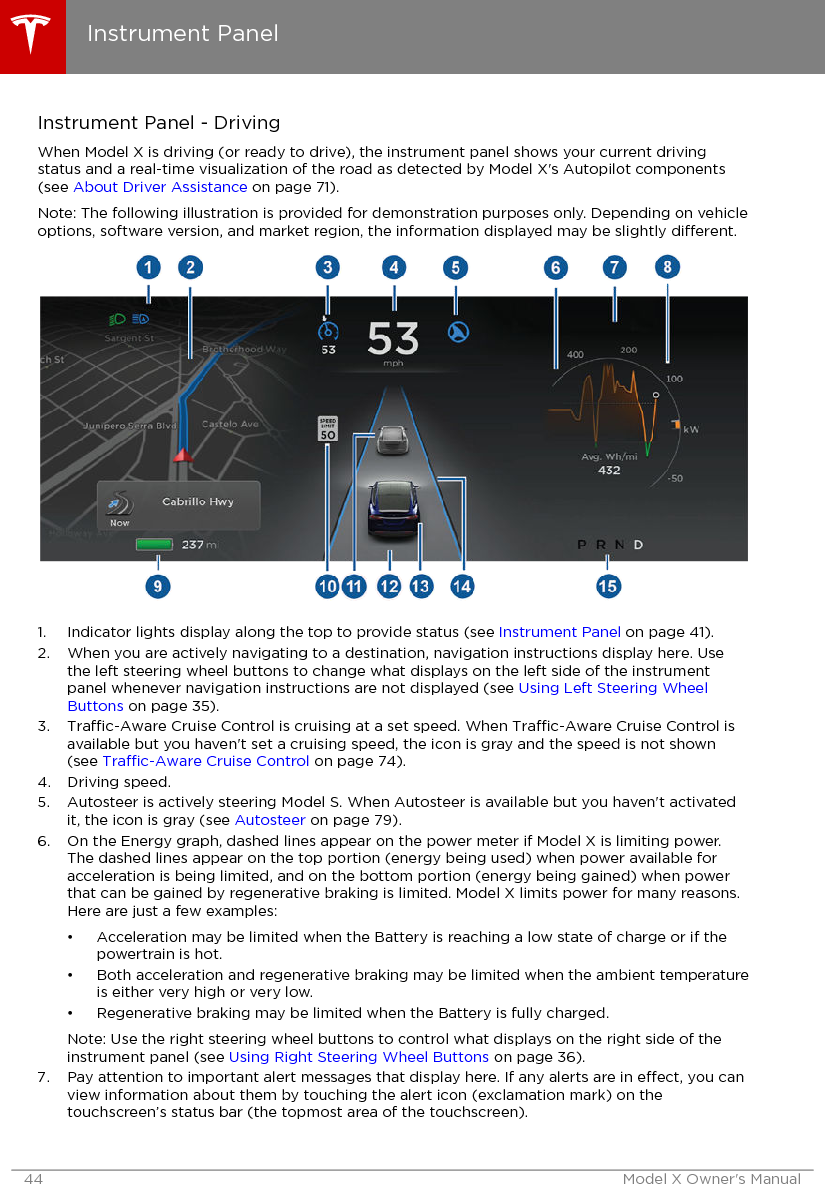 Instrument Panel - DrivingWhen Model X is driving (or ready to drive), the instrument panel shows your current drivingstatus and a real-time visualization of the road as detected by Model X&apos;s Autopilot components(see About Driver Assistance on page 71).Note: The following illustration is provided for demonstration purposes only. Depending on vehicleoptions, software version, and market region, the information displayed may be slightly dierent.1. Indicator lights display along the top to provide status (see Instrument Panel on page 41).2. When you are actively navigating to a destination, navigation instructions display here. Usethe left steering wheel buttons to change what displays on the left side of the instrumentpanel whenever navigation instructions are not displayed (see Using Left Steering WheelButtons on page 35).3. Trac-Aware Cruise Control is cruising at a set speed. When Trac-Aware Cruise Control isavailable but you haven&apos;t set a cruising speed, the icon is gray and the speed is not shown(see Trac-Aware Cruise Control on page 74).4. Driving speed.5. Autosteer is actively steering Model S. When Autosteer is available but you haven&apos;t activatedit, the icon is gray (see Autosteer on page 79).6. On the Energy graph, dashed lines appear on the power meter if Model X is limiting power.The dashed lines appear on the top portion (energy being used) when power available foracceleration is being limited, and on the bottom portion (energy being gained) when powerthat can be gained by regenerative braking is limited. Model X limits power for many reasons.Here are just a few examples:• Acceleration may be limited when the Battery is reaching a low state of charge or if thepowertrain is hot.• Both acceleration and regenerative braking may be limited when the ambient temperatureis either very high or very low.• Regenerative braking may be limited when the Battery is fully charged.Note: Use the right steering wheel buttons to control what displays on the right side of theinstrument panel (see Using Right Steering Wheel Buttons on page 36).7. Pay attention to important alert messages that display here. If any alerts are in eect, you canview information about them by touching the alert icon (exclamation mark) on thetouchscreen’s status bar (the topmost area of the touchscreen).Instrument Panel44 Model X Owner&apos;s Manual