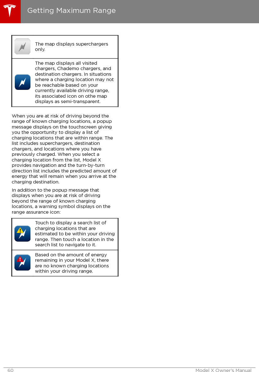 The map displays superchargersonly.The map displays all visitedchargers, Chademo chargers, anddestination chargers. In situationswhere a charging location may notbe reachable based on yourcurrently available driving range,its associated icon on othe mapdisplays as semi-transparent.When you are at risk of driving beyond therange of known charging locations, a popupmessage displays on the touchscreen givingyou the opportunity to display a list ofcharging locations that are within range. Thelist includes superchargers, destinationchargers, and locations where you havepreviously charged. When you select acharging location from the list, Model Xprovides navigation and the turn-by-turndirection list includes the predicted amount ofenergy that will remain when you arrive at thecharging destination.In addition to the popup message thatdisplays when you are at risk of drivingbeyond the range of known charginglocations, a warning symbol displays on therange assurance icon:Touch to display a search list ofcharging locations that areestimated to be within your drivingrange. Then touch a location in thesearch list to navigate to it.Based on the amount of energyremaining in your Model X, thereare no known charging locationswithin your driving range.Getting Maximum Range60 Model X Owner&apos;s Manual
