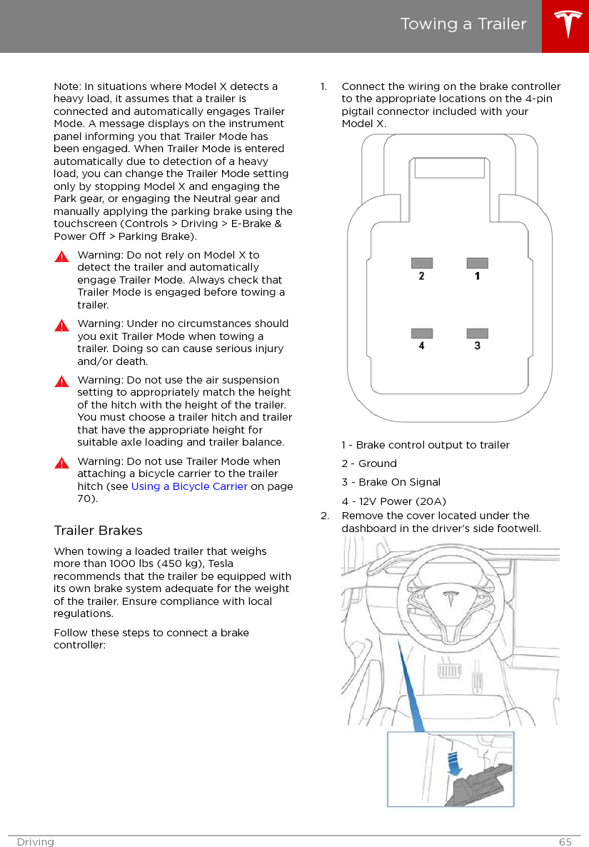 Note: In situations where Model X detects aheavy load, it assumes that a trailer isconnected and automatically engages TrailerMode. A message displays on the instrumentpanel informing you that Trailer Mode hasbeen engaged. When Trailer Mode is enteredautomatically due to detection of a heavyload, you can change the Trailer Mode settingonly by stopping Model X and engaging thePark gear, or engaging the Neutral gear andmanually applying the parking brake using thetouchscreen (Controls &gt; Driving &gt; E-Brake &amp;Power O &gt; Parking Brake).Warning: Do not rely on Model X todetect the trailer and automaticallyengage Trailer Mode. Always check thatTrailer Mode is engaged before towing atrailer.Warning: Under no circumstances shouldyou exit Trailer Mode when towing atrailer. Doing so can cause serious injuryand/or death.Warning: Do not use the air suspensionsetting to appropriately match the heightof the hitch with the height of the trailer.You must choose a trailer hitch and trailerthat have the appropriate height forsuitable axle loading and trailer balance.Warning: Do not use Trailer Mode whenattaching a bicycle carrier to the trailerhitch (see Using a Bicycle Carrier on page70).Trailer BrakesWhen towing a loaded trailer that weighsmore than 1000 lbs (450 kg), Teslarecommends that the trailer be equipped withits own brake system adequate for the weightof the trailer. Ensure compliance with localregulations.Follow these steps to connect a brakecontroller:1. Connect the wiring on the brake controllerto the appropriate locations on the 4-pinpigtail connector included with yourModel X.1 - Brake control output to trailer2 - Ground3 - Brake On Signal4 - 12V Power (20A)2. Remove the cover located under thedashboard in the driver&apos;s side footwell.Towing a TrailerDriving 65