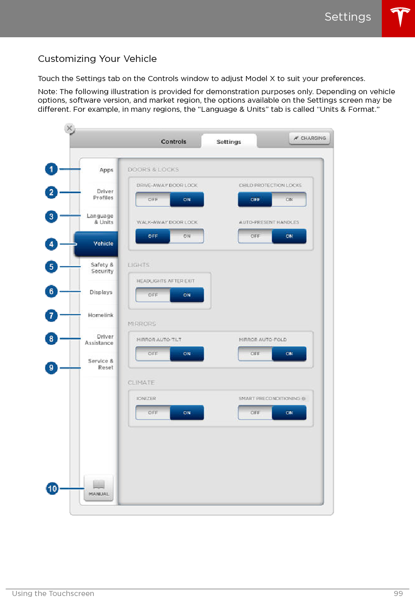 Customizing Your VehicleTouch the Settings tab on the Controls window to adjust Model X to suit your preferences.Note: The following illustration is provided for demonstration purposes only. Depending on vehicleoptions, software version, and market region, the options available on the Settings screen may bedierent. For example, in many regions, the “Language &amp; Units” tab is called “Units &amp; Format.”SettingsUsing the Touchscreen 99