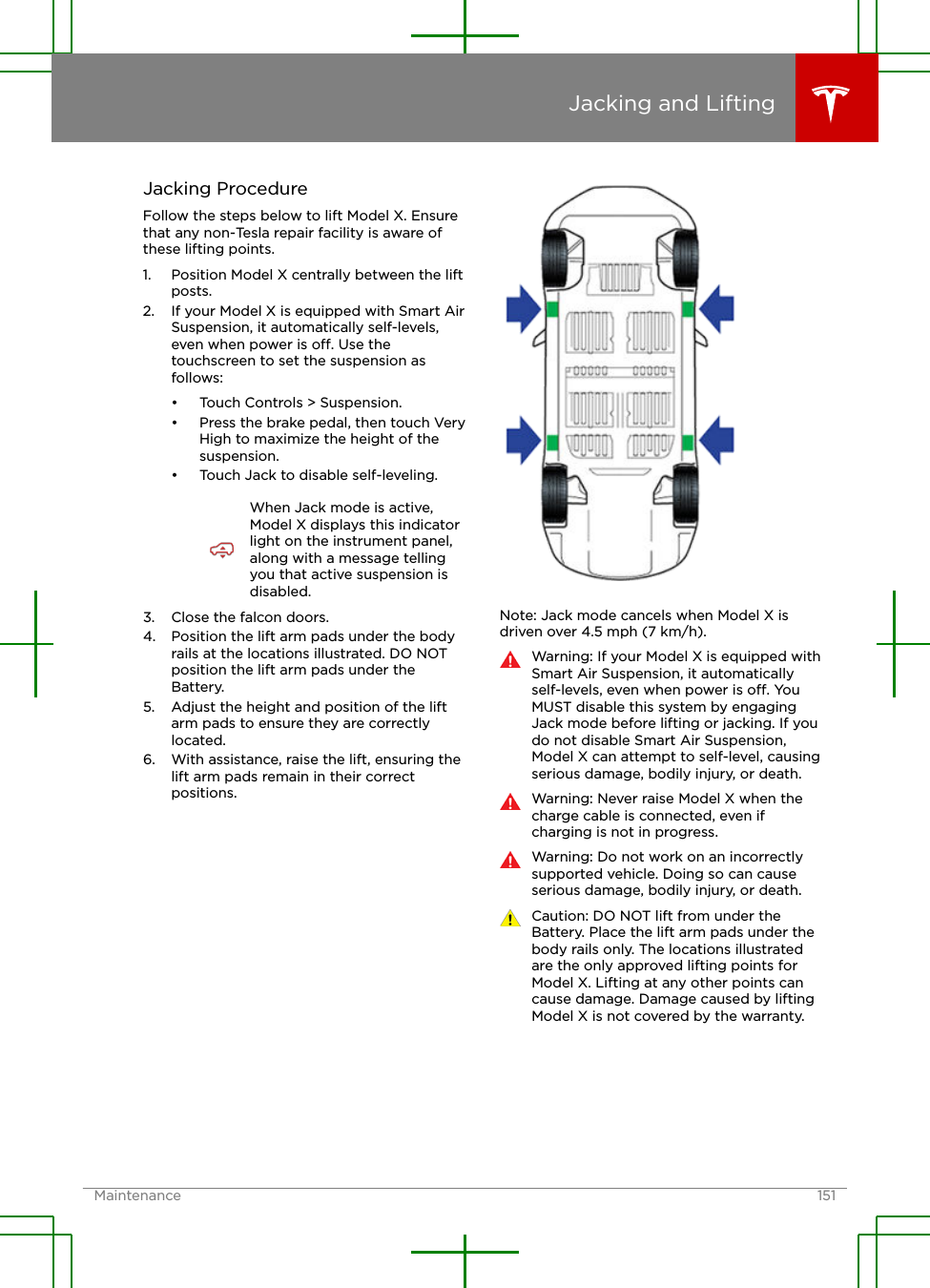 Jacking ProcedureFollow the steps below to lift Model X. Ensurethat any non-Tesla repair facility is aware ofthese lifting points.1. Position Model X centrally between the liftposts.2. If your Model X is equipped with Smart AirSuspension, it automatically self-levels,even when power is o. Use thetouchscreen to set the suspension asfollows:• Touch Controls &gt; Suspension.• Press the brake pedal, then touch VeryHigh to maximize the height of thesuspension.• Touch Jack to disable self-leveling.When Jack mode is active,Model X displays this indicatorlight on the instrument panel,along with a message tellingyou that active suspension isdisabled.3. Close the falcon doors.4. Position the lift arm pads under the bodyrails at the locations illustrated. DO NOTposition the lift arm pads under theBattery.5. Adjust the height and position of the liftarm pads to ensure they are correctlylocated.6. With assistance, raise the lift, ensuring thelift arm pads remain in their correctpositions.Note: Jack mode cancels when Model X isdriven over 4.5 mph (7 km/h).Warning: If your Model X is equipped withSmart Air Suspension, it automaticallyself-levels, even when power is o. YouMUST disable this system by engagingJack mode before lifting or jacking. If youdo not disable Smart Air Suspension,Model X can attempt to self-level, causingserious damage, bodily injury, or death.Warning: Never raise Model X when thecharge cable is connected, even ifcharging is not in progress.Warning: Do not work on an incorrectlysupported vehicle. Doing so can causeserious damage, bodily injury, or death.Caution: DO NOT lift from under theBattery. Place the lift arm pads under thebody rails only. The locations illustratedare the only approved lifting points forModel X. Lifting at any other points cancause damage. Damage caused by liftingModel X is not covered by the warranty.Jacking and LiftingMaintenance 151