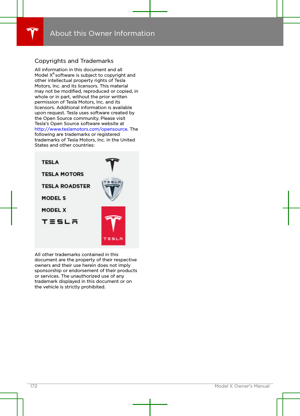Copyrights and TrademarksAll information in this document and allModel X® software is subject to copyright andother intellectual property rights of TeslaMotors, Inc. and its licensors. This materialmay not be modiﬁed, reproduced or copied, inwhole or in part, without the prior writtenpermission of Tesla Motors, Inc. and itslicensors. Additional information is availableupon request. Tesla uses software created bythe Open Source community. Please visitTesla’s Open Source software website at http://www.teslamotors.com/opensource. Thefollowing are trademarks or registeredtrademarks of Tesla Motors, Inc. in the UnitedStates and other countries:All other trademarks contained in thisdocument are the property of their respectiveowners and their use herein does not implysponsorship or endorsement of their productsor services. The unauthorized use of anytrademark displayed in this document or onthe vehicle is strictly prohibited.About this Owner Information172 Model X Owner&apos;s Manual