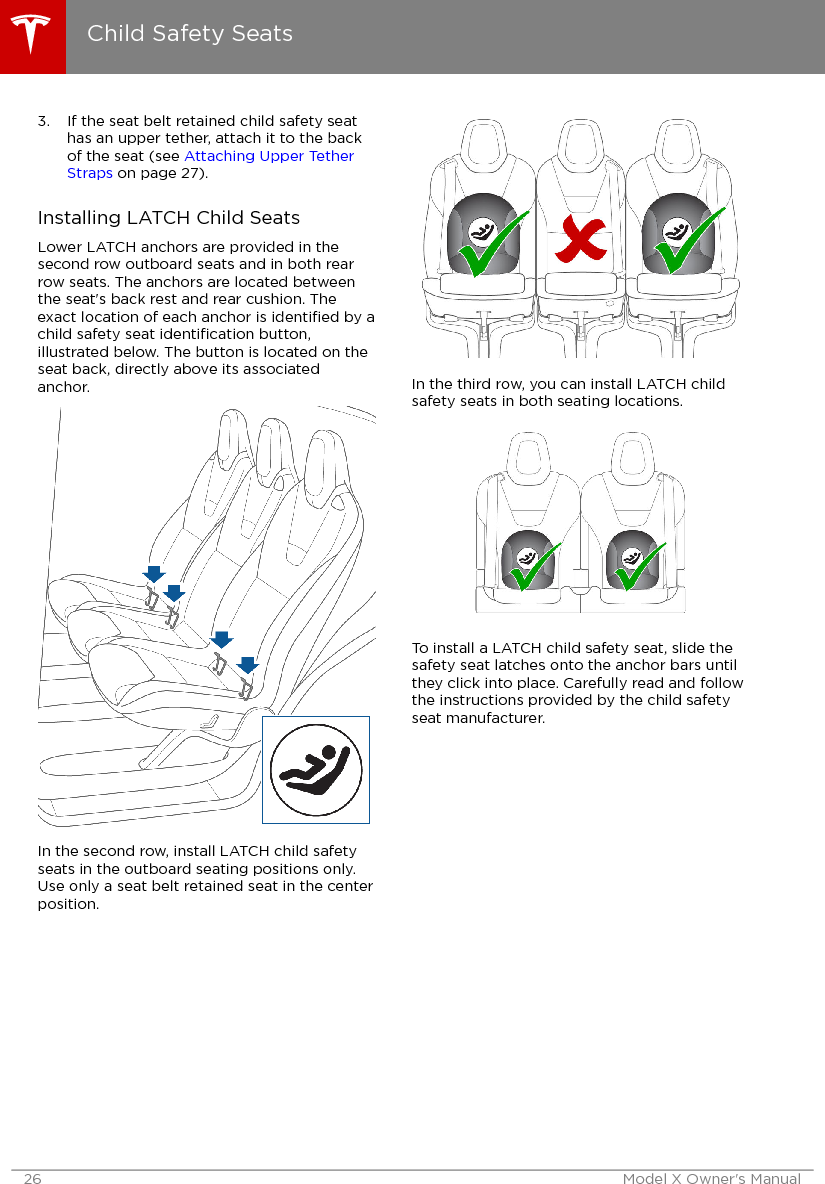 3. If the seat belt retained child safety seathas an upper tether, attach it to the backof the seat (see Attaching Upper TetherStraps on page 27).Installing LATCH Child SeatsLower LATCH anchors are provided in thesecond row outboard seats and in both rearrow seats. The anchors are located betweenthe seat&apos;s back rest and rear cushion. Theexact location of each anchor is identiﬁed by achild safety seat identiﬁcation button,illustrated below. The button is located on theseat back, directly above its associatedanchor.In the second row, install LATCH child safetyseats in the outboard seating positions only.Use only a seat belt retained seat in the centerposition.In the third row, you can install LATCH childsafety seats in both seating locations.To install a LATCH child safety seat, slide thesafety seat latches onto the anchor bars untilthey click into place. Carefully read and followthe instructions provided by the child safetyseat manufacturer.Child Safety Seats26 Model X Owner&apos;s Manual