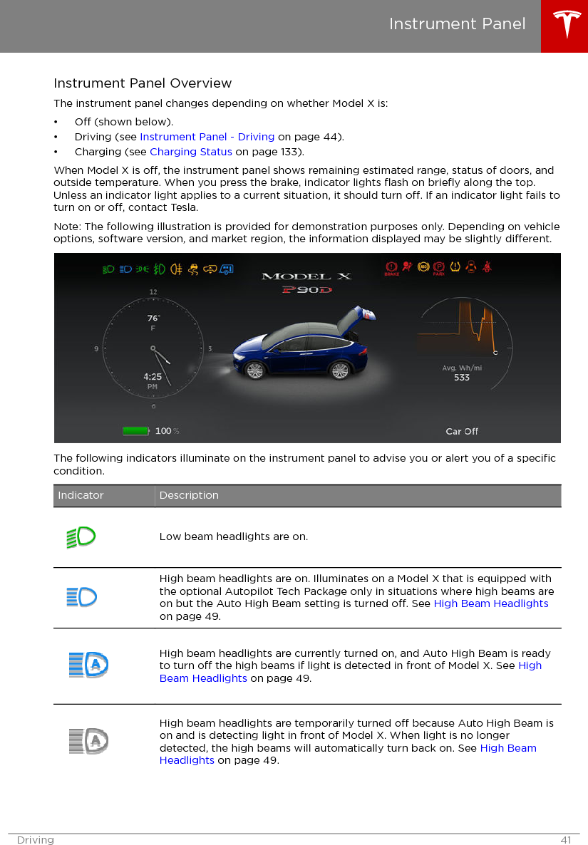 Instrument Panel OverviewThe instrument panel changes depending on whether Model X is:•O (shown below).• Driving (see Instrument Panel - Driving on page 44).• Charging (see Charging Status on page 133).When Model X is o, the instrument panel shows remaining estimated range, status of doors, andoutside temperature. When you press the brake, indicator lights ﬂash on brieﬂy along the top.Unless an indicator light applies to a current situation, it should turn o. If an indicator light fails toturn on or o, contact Tesla.Note: The following illustration is provided for demonstration purposes only. Depending on vehicleoptions, software version, and market region, the information displayed may be slightly dierent.The following indicators illuminate on the instrument panel to advise you or alert you of a speciﬁccondition.Indicator DescriptionLow beam headlights are on.High beam headlights are on. Illuminates on a Model X that is equipped withthe optional Autopilot Tech Package only in situations where high beams areon but the Auto High Beam setting is turned o. See High Beam Headlightson page 49.High beam headlights are currently turned on, and Auto High Beam is readyto turn o the high beams if light is detected in front of Model X. See HighBeam Headlights on page 49.High beam headlights are temporarily turned o because Auto High Beam ison and is detecting light in front of Model X. When light is no longerdetected, the high beams will automatically turn back on. See High BeamHeadlights on page 49.Instrument PanelDriving 41