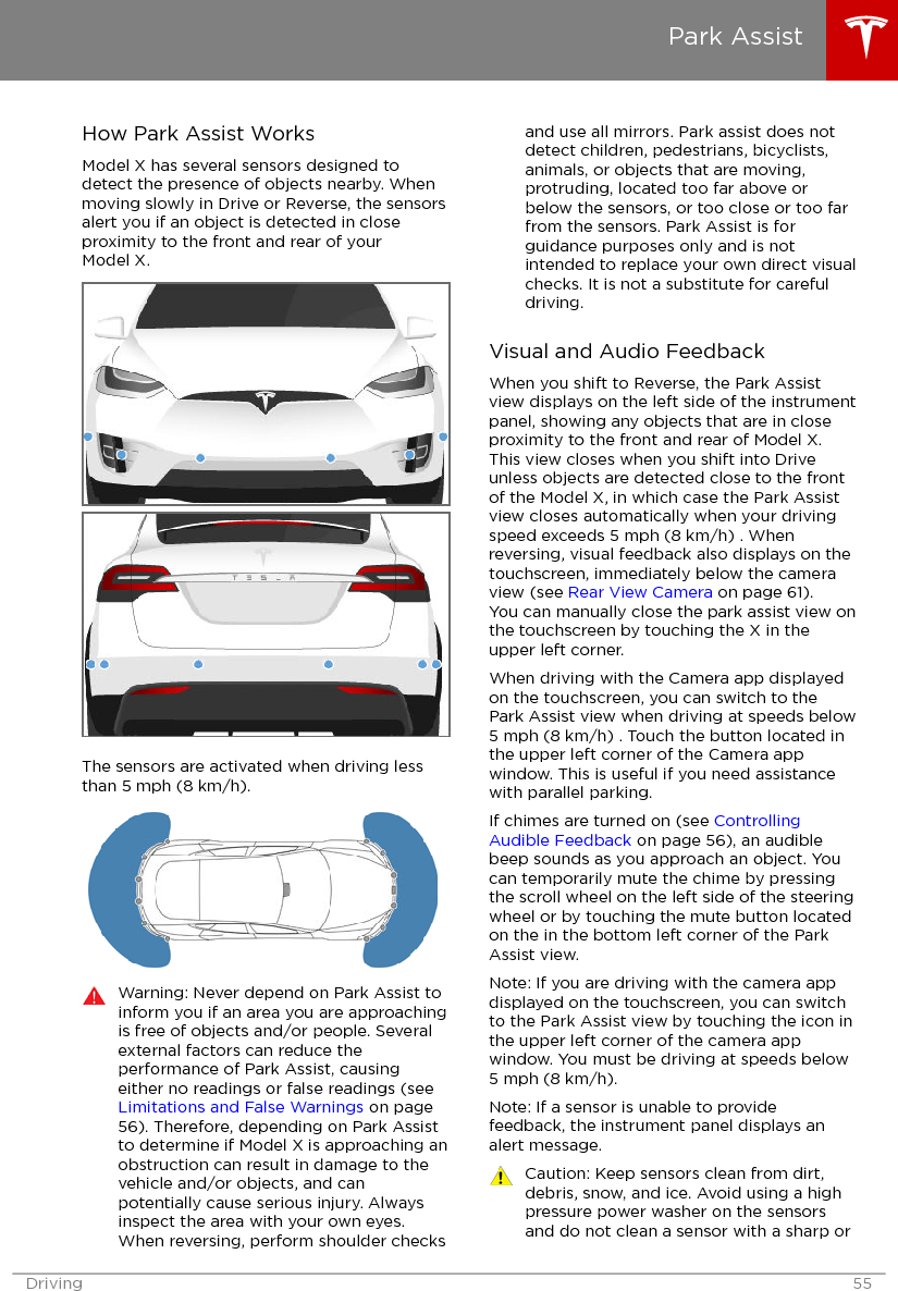 How Park Assist WorksModel X has several sensors designed todetect the presence of objects nearby. Whenmoving slowly in Drive or Reverse, the sensorsalert you if an object is detected in closeproximity to the front and rear of yourModel X.The sensors are activated when driving lessthan 5 mph (8 km/h).Warning: Never depend on Park Assist toinform you if an area you are approachingis free of objects and/or people. Severalexternal factors can reduce theperformance of Park Assist, causingeither no readings or false readings (see Limitations and False Warnings on page56). Therefore, depending on Park Assistto determine if Model X is approaching anobstruction can result in damage to thevehicle and/or objects, and canpotentially cause serious injury. Alwaysinspect the area with your own eyes.When reversing, perform shoulder checksand use all mirrors. Park assist does notdetect children, pedestrians, bicyclists,animals, or objects that are moving,protruding, located too far above orbelow the sensors, or too close or too farfrom the sensors. Park Assist is forguidance purposes only and is notintended to replace your own direct visualchecks. It is not a substitute for carefuldriving.Visual and Audio FeedbackWhen you shift to Reverse, the Park Assistview displays on the left side of the instrumentpanel, showing any objects that are in closeproximity to the front and rear of Model X.This view closes when you shift into Driveunless objects are detected close to the frontof the Model X, in which case the Park Assistview closes automatically when your drivingspeed exceeds 5 mph (8 km/h) . Whenreversing, visual feedback also displays on thetouchscreen, immediately below the cameraview (see Rear View Camera on page 61).You can manually close the park assist view onthe touchscreen by touching the X in theupper left corner.When driving with the Camera app displayedon the touchscreen, you can switch to thePark Assist view when driving at speeds below5 mph (8 km/h) . Touch the button located inthe upper left corner of the Camera appwindow. This is useful if you need assistancewith parallel parking.If chimes are turned on (see ControllingAudible Feedback on page 56), an audiblebeep sounds as you approach an object. Youcan temporarily mute the chime by pressingthe scroll wheel on the left side of the steeringwheel or by touching the mute button locatedon the in the bottom left corner of the ParkAssist view.Note: If you are driving with the camera appdisplayed on the touchscreen, you can switchto the Park Assist view by touching the icon inthe upper left corner of the camera appwindow. You must be driving at speeds below5 mph (8 km/h).Note: If a sensor is unable to providefeedback, the instrument panel displays analert message.Caution: Keep sensors clean from dirt,debris, snow, and ice. Avoid using a highpressure power washer on the sensorsand do not clean a sensor with a sharp orPark AssistDriving 55