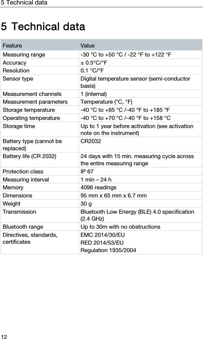 5 Technical data 12 5 Technical data  Feature  Value Measuring range  -30 &deg;C to +50 &deg;C / -22 &deg;F to +122 &deg;F Accuracy &plusmn; 0.5&deg;C/&deg;F Resolution 0.1 &deg;C/&deg;F Sensor type  Digital temperature sensor (semi-conductor basis) Measurement channels  1 (internal) Measurement parameters  Temperature (&deg;C, &deg;F) Storage temperature  -40 &deg;C to +85 &deg;C /-40 &deg;F to +185 &deg;F Operating temperature  -40 &deg;C to +70 &deg;C /-40 &deg;F to +158 &deg;C Storage time  Up to 1 year before activation (see activation note on the instrument) Battery type (cannot be replaced) CR2032 Battery life (CR 2032)  24 days with 15 min. measuring cycle across the entire measuring range Protection class  IP 67 Measuring interval  1 min &ndash; 24 h Memory 4096 readings Dimensions  95 mm x 65 mm x 6.7 mm Weight 30 g Transmission  Bluetooth Low Energy (BLE) 4.0 specification (2.4 GHz) Bluetooth range  Up to 30m with no obstructions Directives, standards, certificates EMC 2014/30/EU RED 2014/53/EU Regulation 1935/2004   
