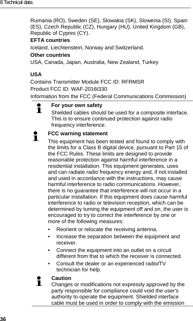 8 Technical data 36 Rumania (RO), Sweden (SE), Slowakia (SK), Slowenia (SI), Spain (ES), Czech Republic (CZ), Hungary (HU), United Kingdom (GB), Republic of Cypres (CY). EFTA countries Iceland, Liechtenstein, Norway and Switzerland. Other countries USA, Canada, Japan, Australia, New Zealand, Turkey USA Contains Transmitter Module FCC ID: RFRMSR Product FCC ID: WAF-2016t330 Information from the FCC (Federal Communications Commission)  For your own safety Shielded cables should be used for a composite interface. This is to ensure continued protection against radio frequency interference.  FCC warning statement This equipment has been tested and found to comply with the limits for a Class B digital device, pursuant to Part 15 of the FCC Rules. These limits are designed to provide reasonable protection against harmful interference in a residential installation. This equipment generates, uses and can radiate radio frequency energy and, if not installed and used in accordance with the instructions, may cause harmful interference to radio communications. However, there is no guarantee that interference will not occur in a particular installation. If this equipment does cause harmful interference to radio or television reception, which can be determined by turning the equipment off and on, the user is encouraged to try to correct the interference by one or more of the following measures: &bull;  Reorient or relocate the receiving antenna. &bull;  Increase the separation between the equipment and  receiver.  &bull;  Connect the equipment into an outlet on a circuit different from that to which the receiver is connected.  &bull;  Consult the dealer or an experienced radio/TV technician for help.  Caution Changes or modifications not expressly approved by the party responsible for compliance could void the user's authority to operate the equipment. Shielded interface cable must be used in order to comply with the emission 