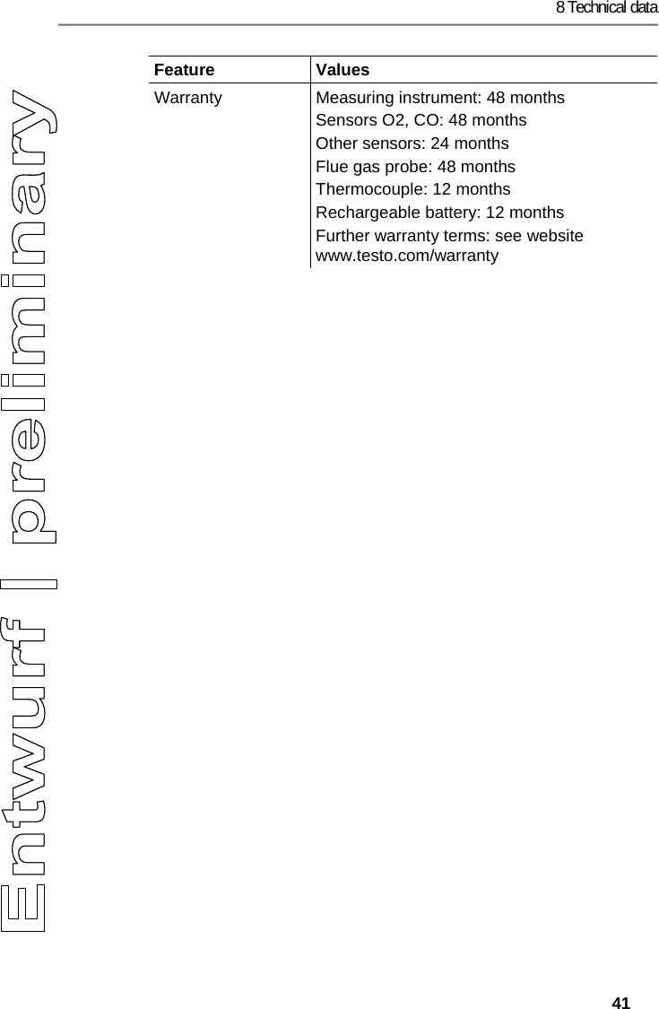 8 Technical data   41 Feature   Values  Warranty  Measuring instrument: 48 months Sensors O2, CO: 48 months  Other sensors: 24 months Flue gas probe: 48 months Thermocouple: 12 months Rechargeable battery: 12 months Further warranty terms: see website www.testo.com/warranty 