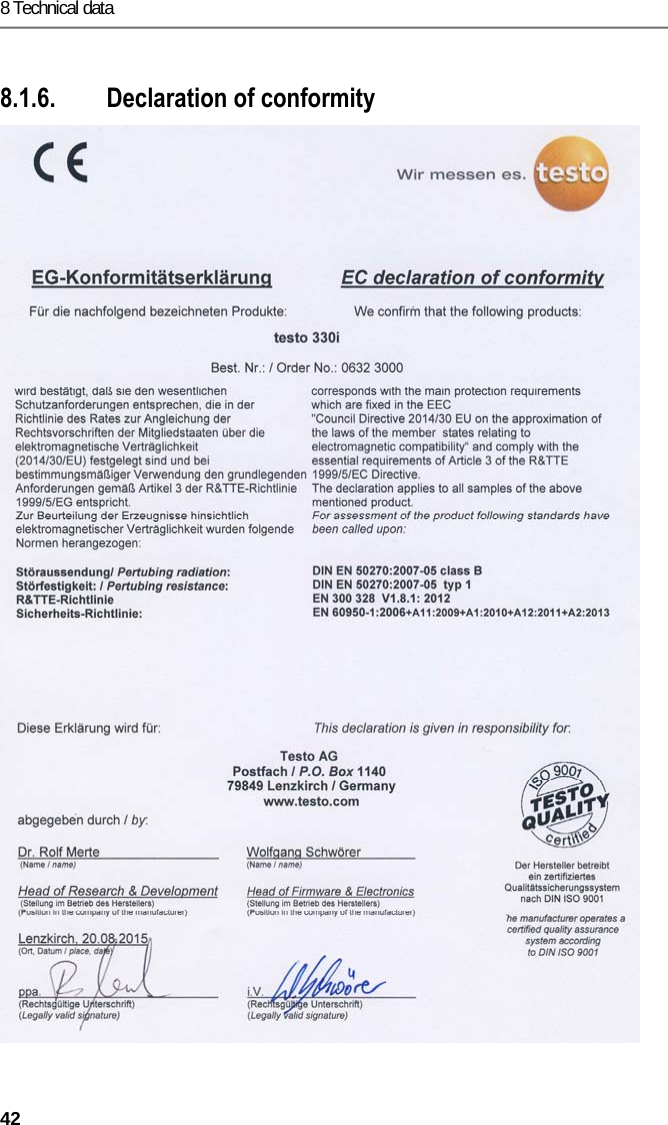 8 Technical data 42  Pos: 66 /TD/Leistungsb eschreibung/Tec hnische Daten/testo 330  Technische Daten/Konf ormit&auml;tserkl&auml;ru ng testo 330i @ 17\mod_143280 5698761_79.d ocx @ 213375 @ 3 @ 1  8.1.6. Declaration of conformity     