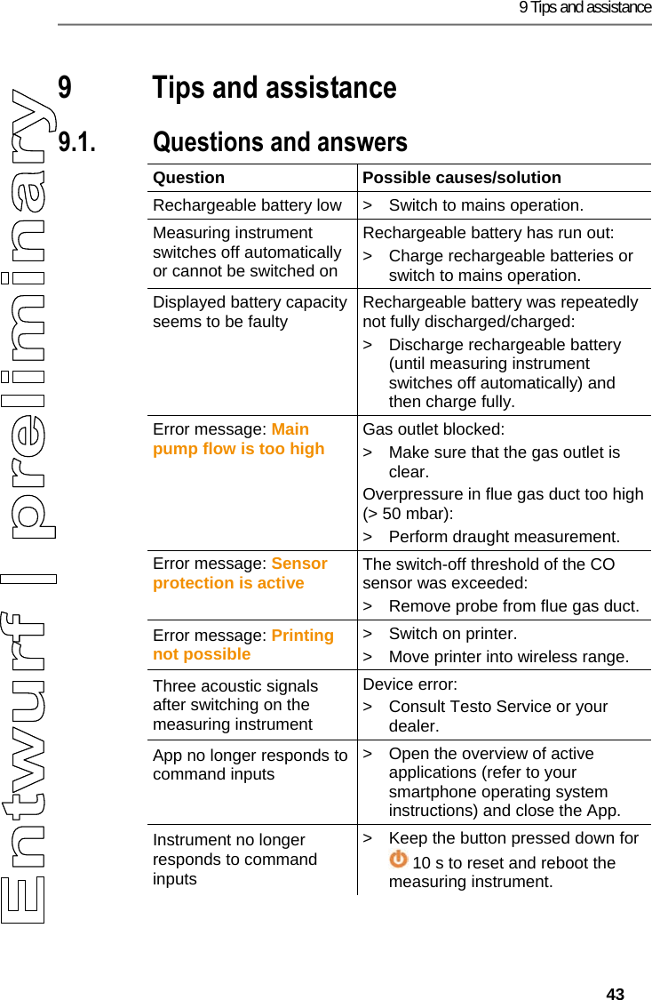 9 Tips and assistance   43 Pos: 67 /TD/&Uuml;berschr iften/8. Tipps und Hilfe @ 0\ mod_1173789887985 _79.docx @ 406 @ 2 @ 1  9 Tips and assistance Pos: 68 /TD/&Uuml;berschr iften/8.1 Fragen und Ant worten @ 0\mod_117740201 7078_79.docx @ 1093 @ 2 @ 1  9.1. Questions and answers Pos: 69 /TD/Tipps und Hilf e/Fragen und Antworten/ testo 330i Fragen und An worten @ 18\mod_14383594 16497_79.docx @ 217229 @ 2 @ 1  Question Possible causes/solution Rechargeable battery low  >  Switch to mains operation. Measuring instrument switches off automatically or cannot be switched on Rechargeable battery has run out: >  Charge rechargeable batteries or switch to mains operation. Displayed battery capacity seems to be faulty  Rechargeable battery was repeatedly not fully discharged/charged: >  Discharge rechargeable battery (until measuring instrument switches off automatically) and then charge fully. Error message: Main pump flow is too high Gas outlet blocked: >  Make sure that the gas outlet is clear. Overpressure in flue gas duct too high (> 50 mbar): >  Perform draught measurement. Error message: Sensor protection is active The switch-off threshold of the CO sensor was exceeded: >  Remove probe from flue gas duct. Error message: Printing not possible >  Switch on printer. >  Move printer into wireless range. Three acoustic signals after switching on the measuring instrument Device error: >  Consult Testo Service or your dealer. App no longer responds to command inputs >  Open the overview of active applications (refer to your smartphone operating system instructions) and close the App. Instrument no longer responds to command inputs >  Keep the button pressed down for  10 s to reset and reboot the measuring instrument. 