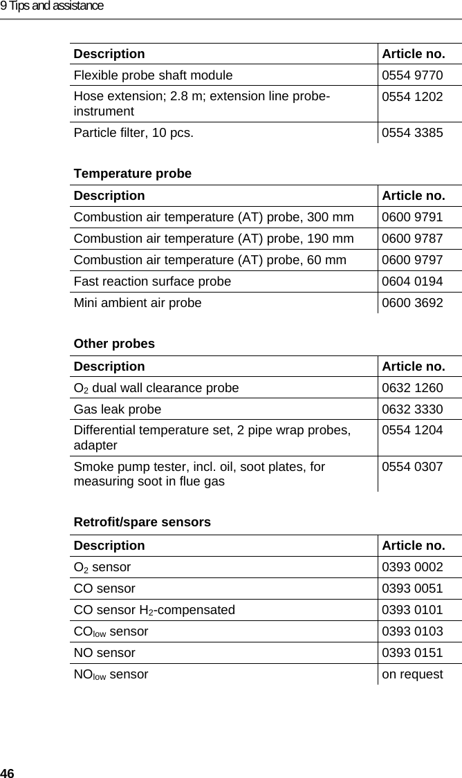 9 Tips and assistance 46 Description   Article no. Flexible probe shaft module  0554 9770 Hose extension; 2.8 m; extension line probe-instrument  0554 1202 Particle filter, 10 pcs.  0554 3385 Temperature probe  Description   Article no. Combustion air temperature (AT) probe, 300 mm  0600 9791 Combustion air temperature (AT) probe, 190 mm  0600 9787 Combustion air temperature (AT) probe, 60 mm  0600 9797 Fast reaction surface probe  0604 0194 Mini ambient air probe  0600 3692 Other probes  Description   Article no. O2 dual wall clearance probe  0632 1260 Gas leak probe  0632 3330 Differential temperature set, 2 pipe wrap probes, adapter  0554 1204 Smoke pump tester, incl. oil, soot plates, for measuring soot in flue gas  0554 0307 Retrofit/spare sensors   Description   Article no. O2 sensor  0393 0002 CO sensor   0393 0051 CO sensor H2-compensated 0393 0101 COlow sensor   0393 0103 NO sensor  0393 0151 NOlow sensor  on request 