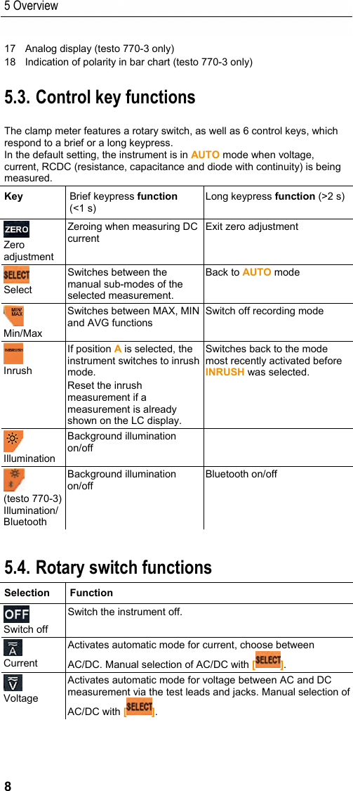 5 Overview 8 17  Analog display (testo 770-3 only) 18  Indication of polarity in bar chart (testo 770-3 only) 5.3. Control key functions The clamp meter features a rotary switch, as well as 6 control keys, which respond to a brief or a long keypress. In the default setting, the instrument is in AUTO mode when voltage, current, RCDC (resistance, capacitance and diode with continuity) is being measured. Key  Brief keypress function (<1 s) Long keypress function (>2 s)  Zero adjustment Zeroing when measuring DC current  Exit zero adjustment   Select Switches between the manual sub-modes of the selected measurement. Back to AUTO mode  Min/Max Switches between MAX, MIN and AVG functions Switch off recording mode  Inrush  If position A is selected, the instrument switches to inrush mode. Reset the inrush measurement if a measurement is already shown on the LC display. Switches back to the mode most recently activated before INRUSH was selected.   Illumination Background illumination on/off   (testo 770-3) Illumination/Bluetooth Background illumination on/off  Bluetooth on/off 5.4. Rotary switch functions Selection  Function   Switch off Switch the instrument off.   Current Activates automatic mode for current, choose between AC/DC. Manual selection of AC/DC with [].   Voltage Activates automatic mode for voltage between AC and DC measurement via the test leads and jacks. Manual selection of AC/DC with []. 