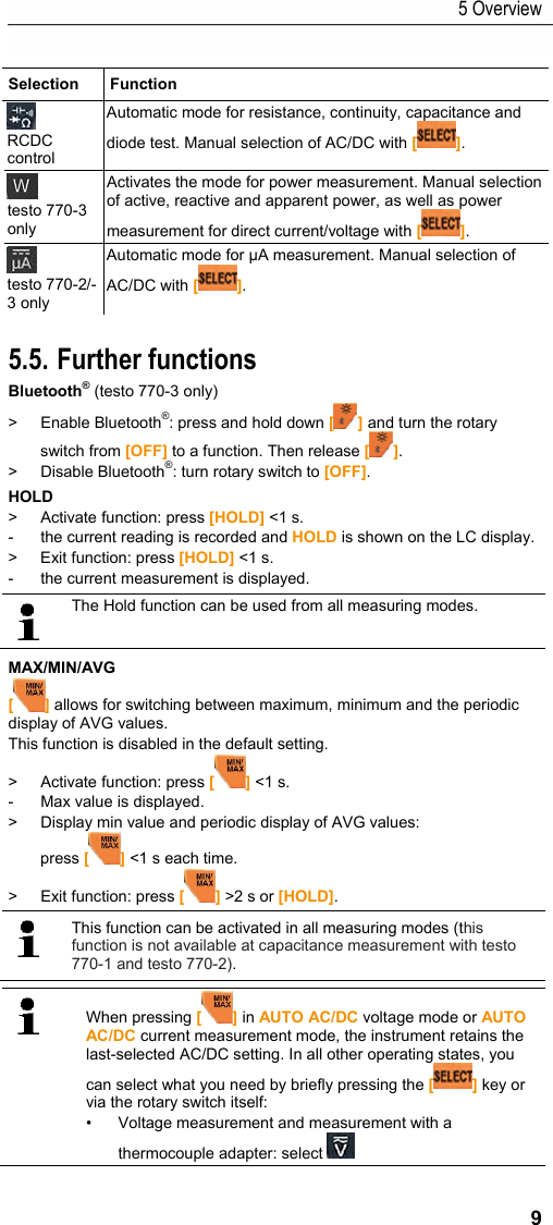 5 Overview 9 Selection  Function   RCDC control Automatic mode for resistance, continuity, capacitance and diode test. Manual selection of AC/DC with [].  testo 770-3 only Activates the mode for power measurement. Manual selection of active, reactive and apparent power, as well as power measurement for direct current/voltage with [].  testo 770-2/-3 only Automatic mode for &micro;A measurement. Manual selection of AC/DC with []. 5.5. Further functions Bluetooth&reg; (testo 770-3 only) > Enable Bluetooth&reg;: press and hold down [] and turn the rotary switch from [OFF] to a function. Then release []. > Disable Bluetooth&reg;: turn rotary switch to [OFF]. HOLD >  Activate function: press [HOLD] <1 s. -  the current reading is recorded and HOLD is shown on the LC display. >  Exit function: press [HOLD] <1 s. -  the current measurement is displayed.    The Hold function can be used from all measuring modes.   MAX/MIN/AVG  [] allows for switching between maximum, minimum and the periodic display of AVG values.  This function is disabled in the default setting.  >  Activate function: press [] <1 s. -  Max value is displayed. >  Display min value and periodic display of AVG values: press [] <1 s each time. >  Exit function: press [] >2 s or [HOLD].    This function can be activated in all measuring modes (this function is not available at capacitance measurement with testo 770-1 and testo 770-2).      When pressing [] in AUTO AC/DC voltage mode or AUTO AC/DC current measurement mode, the instrument retains the last-selected AC/DC setting. In all other operating states, you can select what you need by briefly pressing the [] key or via the rotary switch itself: &bull;  Voltage measurement and measurement with a thermocouple adapter: select    