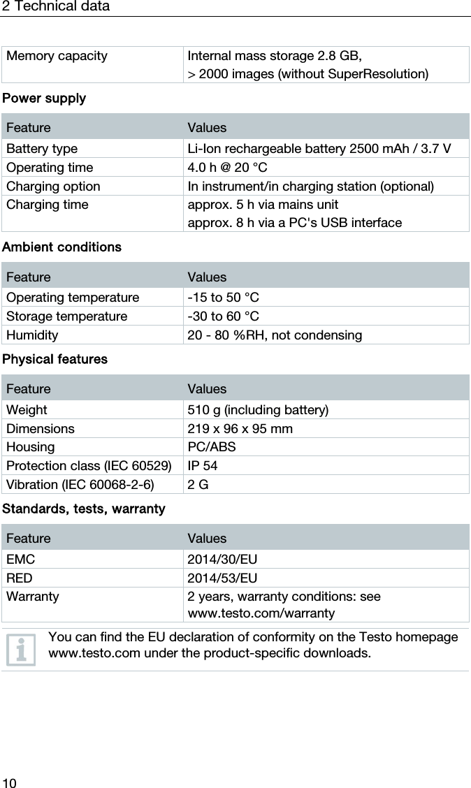2 Technical data 10 Memory capacity  Internal mass storage 2.8 GB,  > 2000 images (without SuperResolution)   Power supply Feature  Values Battery type  Li-Ion rechargeable battery 2500 mAh / 3.7 V Operating time  4.0 h @ 20 &deg;C Charging option  In instrument/in charging station (optional) Charging time  approx. 5 h via mains unit approx. 8 h via a PC's USB interface   Ambient conditions Feature  Values Operating temperature  -15 to 50 &deg;C  Storage temperature  -30 to 60 &deg;C Humidity  20 - 80 %RH, not condensing   Physical features Feature  Values Weight  510 g (including battery) Dimensions  219 x 96 x 95 mm Housing PC/ABS Protection class (IEC 60529)  IP 54 Vibration (IEC 60068-2-6)  2 G   Standards, tests, warranty Feature  Values EMC 2014/30/EU RED 2014/53/EU Warranty  2 years, warranty conditions: see www.testo.com/warranty   You can find the EU declaration of conformity on the Testo homepage www.testo.com under the product-specific downloads.    