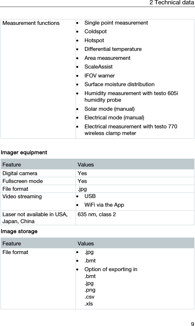 2 Technical data 9 Measurement functions  &bull; Single point measurement &bull; Coldspot &bull; Hotspot &bull; Differential temperature &bull; Area measurement &bull; ScaleAssist &bull; IFOV warner &bull; Surface moisture distribution &bull; Humidity measurement with testo 605i humidity probe &bull; Solar mode (manual) &bull; Electrical mode (manual) &bull; Electrical measurement with testo 770 wireless clamp meter   Imager equipment  Feature  Values Digital camera  Yes Fullscreen mode  Yes File format  .jpg Video streaming  &bull; USB &bull; WiFi via the App Laser not available in USA, Japan, China 635 nm, class 2   Image storage Feature  Values File format  &bull; .jpg &bull; .bmt &bull; Option of exporting in .bmt .jpg .png .csv .xls 
