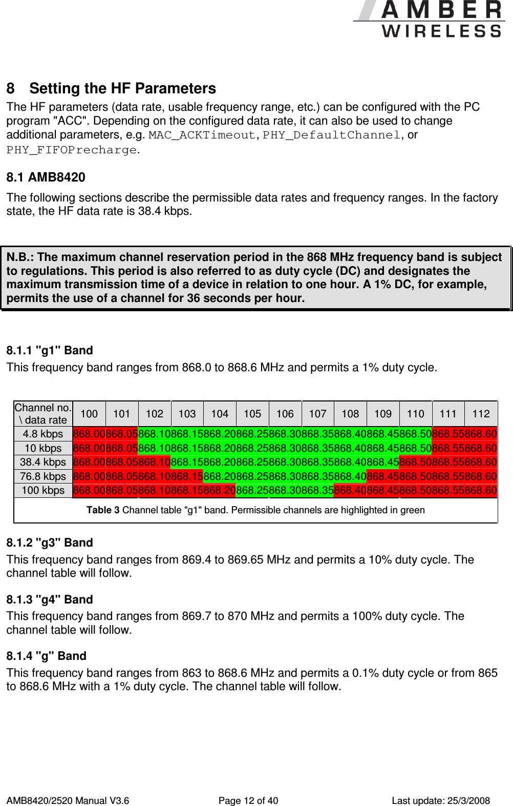      AMB8420/2520 Manual V3.6  Page 12 of 40  Last update: 25/3/2008 8  Setting the HF Parameters The HF parameters (data rate, usable frequency range, etc.) can be configured with the PC program "ACC". Depending on the configured data rate, it can also be used to change additional parameters, e.g. MAC_ACKTimeout, PHY_DefaultChannel, or PHY_FIFOPrecharge. 8.1 AMB8420 The following sections describe the permissible data rates and frequency ranges. In the factory state, the HF data rate is 38.4 kbps.  N.B.: The maximum channel reservation period in the 868 MHz frequency band is subject to regulations. This period is also referred to as duty cycle (DC) and designates the maximum transmission time of a device in relation to one hour. A 1% DC, for example, permits the use of a channel for 36 seconds per hour.  8.1.1 "g1" Band This frequency band ranges from 868.0 to 868.6 MHz and permits a 1% duty cycle.  Channel no. \ data rate 100  101  102  103  104  105  106  107  108  109  110  111  112 4.8 kbps  868.00 868.05 868.10 868.15 868.20 868.25 868.30 868.35 868.40 868.45 868.50 868.55 868.60 10 kbps  868.00 868.05 868.10 868.15 868.20 868.25 868.30 868.35 868.40 868.45 868.50 868.55 868.60 38.4 kbps 868.00 868.05 868.10 868.15 868.20 868.25 868.30 868.35 868.40 868.45 868.50 868.55 868.60 76.8 kbps 868.00 868.05 868.10 868.15 868.20 868.25 868.30 868.35 868.40 868.45 868.50 868.55 868.60 100 kbps  868.00 868.05 868.10 868.15 868.20 868.25 868.30 868.35 868.40 868.45 868.50 868.55 868.60 Table 3 Channel table "g1" band. Permissible channels are highlighted in green 8.1.2 "g3" Band This frequency band ranges from 869.4 to 869.65 MHz and permits a 10% duty cycle. The channel table will follow. 8.1.3 "g4" Band This frequency band ranges from 869.7 to 870 MHz and permits a 100% duty cycle. The channel table will follow. 8.1.4 "g" Band This frequency band ranges from 863 to 868.6 MHz and permits a 0.1% duty cycle or from 865 to 868.6 MHz with a 1% duty cycle. The channel table will follow. 