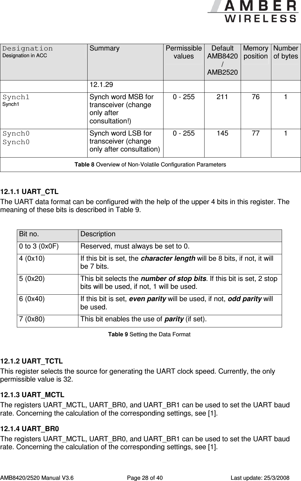      AMB8420/2520 Manual V3.6  Page 28 of 40  Last update: 25/3/2008 Designation Designation in ACC Summary  Permissible values Default AMB8420 / AMB2520 Memory position Number of bytes 12.1.29 Synch1 Synch1 Synch word MSB for transceiver (change only after consultation!) 0 - 255  211  76  1 Synch0 Synch0 Synch word LSB for transceiver (change only after consultation) 0 - 255  145  77  1 Table 8 Overview of Non-Volatile Configuration Parameters  12.1.1 UART_CTL The UART data format can be configured with the help of the upper 4 bits in this register. The meaning of these bits is described in Table 9.  Bit no.  Description 0 to 3 (0x0F)  Reserved, must always be set to 0. 4 (0x10)  If this bit is set, the character length will be 8 bits, if not, it will be 7 bits. 5 (0x20)  This bit selects the number of stop bits. If this bit is set, 2 stop bits will be used, if not, 1 will be used. 6 (0x40)  If this bit is set, even parity will be used, if not, odd parity will be used. 7 (0x80)  This bit enables the use of parity (if set). Table 9 Setting the Data Format   12.1.2 UART_TCTL This register selects the source for generating the UART clock speed. Currently, the only permissible value is 32. 12.1.3 UART_MCTL The registers UART_MCTL, UART_BR0, and UART_BR1 can be used to set the UART baud rate. Concerning the calculation of the corresponding settings, see [1]. 12.1.4 UART_BR0 The registers UART_MCTL, UART_BR0, and UART_BR1 can be used to set the UART baud rate. Concerning the calculation of the corresponding settings, see [1]. 