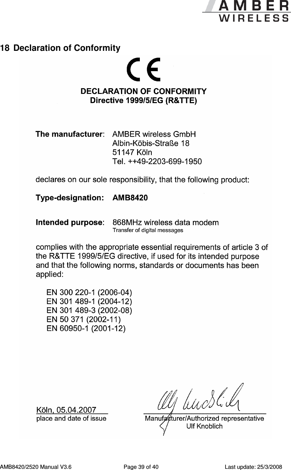      AMB8420/2520 Manual V3.6  Page 39 of 40  Last update: 25/3/2008 18  Declaration of Conformity  