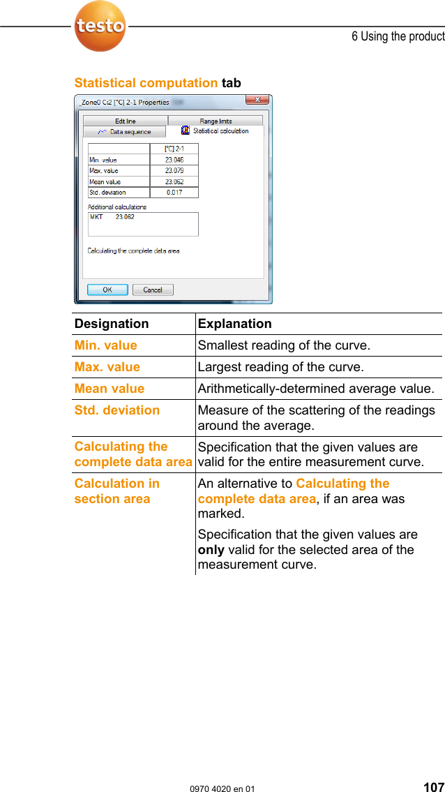  6 Using the product  0970 4020 en 01 107 Pos: 143 /TD/Produkt  verwenden/testo Saver is/05a-2 Kurveneigensc haften/04 Register  Stat. Berechnung @ 0\mod_1 188996705906_79.d oc @ 3676   Statistical computation tab   Designation Explanation  Min. value  Smallest reading of the curve. Max. value  Largest reading of the curve. Mean value  Arithmetically-determined average value. Std. deviation  Measure of the scattering of the readings around the average. Calculating the complete data areaSpecification that the given values are valid for the entire measurement curve. Calculation in section area An alternative to Calculating the complete data area, if an area was marked. Specification that the given values are only valid for the selected area of the measurement curve.  Pos: 144 /TD/Produkt  verwenden/testo Saver is/05a-3 Achseins tellungen/05 Einstel lungen f&uuml;r die Achsen im Di agramm @ 0\mod_119399954216 8_79.doc @ 5684   