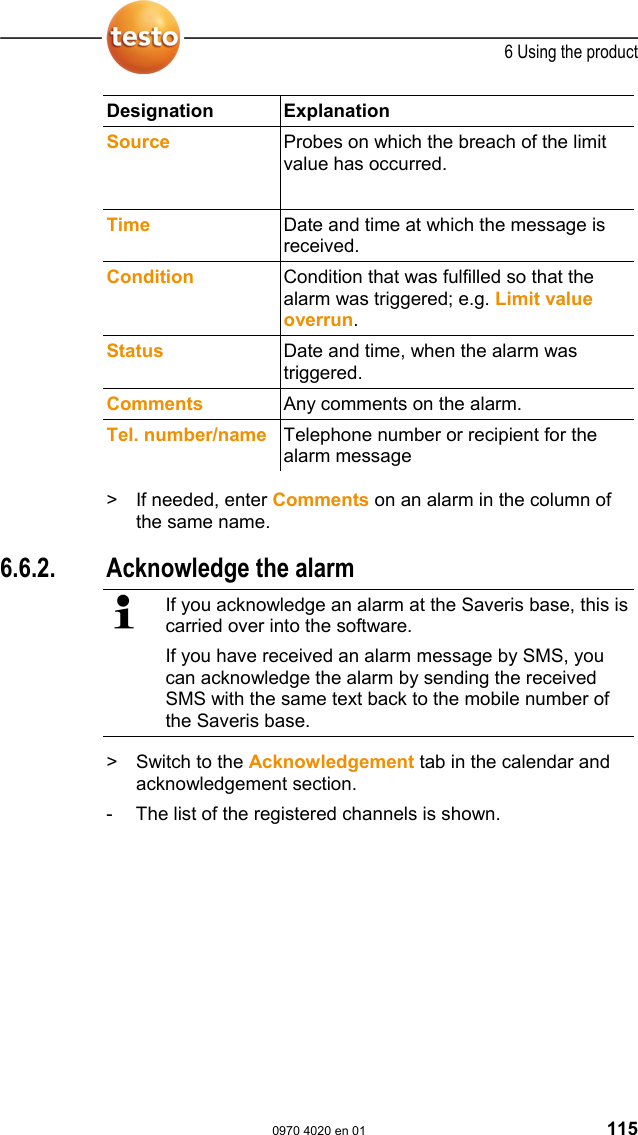  6 Using the product  0970 4020 en 01 115 Designation Explanation  Source  Probes on which the breach of the limit value has occurred.  Time  Date and time at which the message is received. Condition  Condition that was fulfilled so that the alarm was triggered; e.g. Limit value overrun.  Status  Date and time, when the alarm was triggered. Comments  Any comments on the alarm. Tel. number/name  Telephone number or recipient for the alarm message  >  If needed, enter Comments on an alarm in the column of the same name. Pos: 157 /TD/Produkt  verwenden/testo Saver is/06c Alarme analy sieren/02 Alarm quitti eren @ 0\mod_11890794363 28_79.doc @ 3973  6.6.2.  Acknowledge the alarm   If you acknowledge an alarm at the Saveris base, this is carried over into the software. If you have received an alarm message by SMS, you can acknowledge the alarm by sending the received SMS with the same text back to the mobile number of the Saveris base. >   Switch to the Acknowledgement tab in the calendar and acknowledgement section. -  The list of the registered channels is shown. 