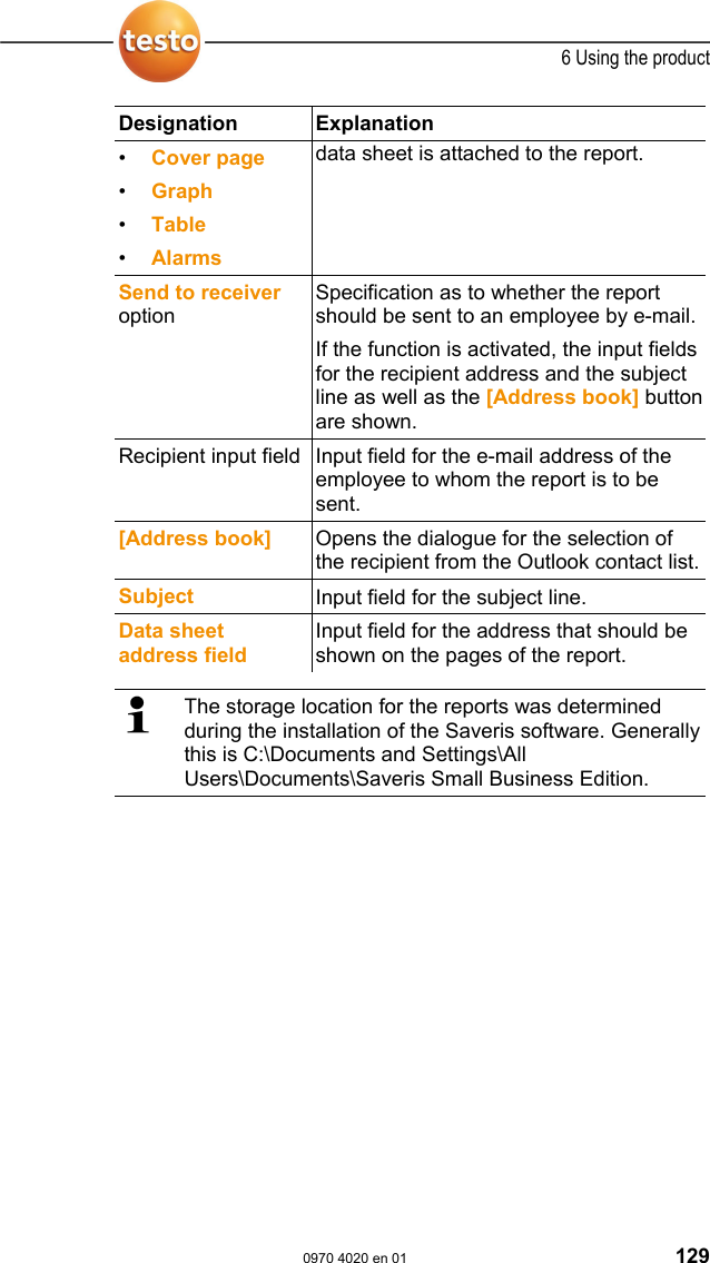  6 Using the product  0970 4020 en 01 129 Designation Explanation  &bull; Cover page &bull; Graph &bull; Table &bull; Alarms data sheet is attached to the report. Send to receiver option Specification as to whether the report should be sent to an employee by e-mail.If the function is activated, the input fields for the recipient address and the subject line as well as the [Address book] button are shown. Recipient input field Input field for the e-mail address of the employee to whom the report is to be sent. [Address book]  Opens the dialogue for the selection of the recipient from the Outlook contact list.Subject  Input field for the subject line. Data sheet address field Input field for the address that should be shown on the pages of the report.    The storage location for the reports was determined during the installation of the Saveris software. Generally this is C:\Documents and Settings\All Users\Documents\Saveris Small Business Edition.  Pos: 171 /TD/--- Seitenwechsel --- @ 0\mod_117 3774430601_0.doc  @ 283 