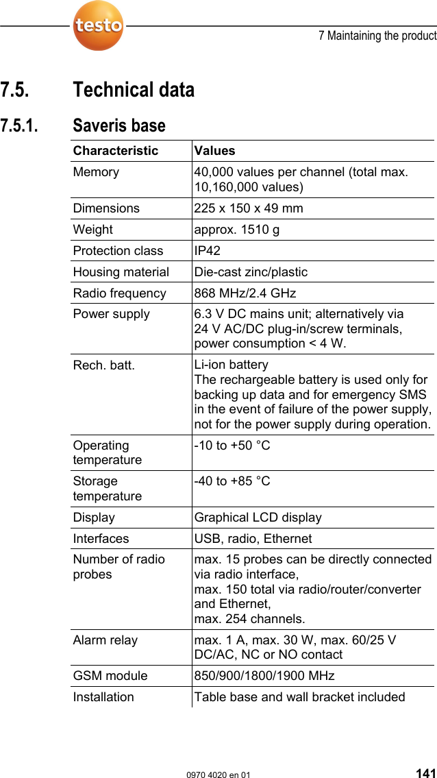  7 Maintaining the product  0970 4020 en 01 141  Pos: 180 /TD/&Uuml;berschr iften/3.2 Technisc he Daten @ 0\mod_11762110884 37_79.doc @ 704  7.5. Technical data Pos: 181 /TD/Leistungs beschreibung/Tec hnische Daten/tes to Saveris/01 Basissta tion @ 0\mod_1191323639 453_79.doc @ 5302  7.5.1. Saveris base  Characteristic   Values  Memory  40,000 values per channel (total max. 10,160,000 values) Dimensions  225 x 150 x 49 mm Weight  approx. 1510 g Protection class  IP42 Housing material  Die-cast zinc/plastic Radio frequency  868 MHz/2.4 GHz Power supply  6.3 V DC mains unit; alternatively via 24 V AC/DC plug-in/screw terminals, power consumption < 4 W. Rech. batt.  Li-ion battery The rechargeable battery is used only for backing up data and for emergency SMS in the event of failure of the power supply, not for the power supply during operation.Operating temperature -10 to +50 &deg;C Storage temperature -40 to +85 &deg;C Display  Graphical LCD display Interfaces  USB, radio, Ethernet Number of radio probes max. 15 probes can be directly connected via radio interface, max. 150 total via radio/router/converter and Ethernet, max. 254 channels. Alarm relay  max. 1 A, max. 30 W, max. 60/25 V DC/AC, NC or NO contact GSM module  850/900/1800/1900 MHz Installation  Table base and wall bracket included 