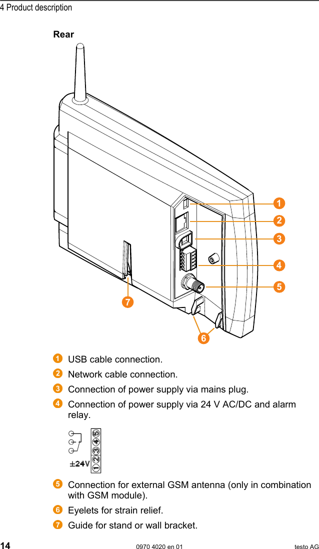  4 Product description 14  0970 4020 en 01 testo AG Rear     USB cable connection.  Network cable connection.  Connection of power supply via mains plug.   Connection of power supply via 24 V AC/DC and alarm relay.       Connection for external GSM antenna (only in combination with GSM module).   Eyelets for strain relief.   Guide for stand or wall bracket. 1234567