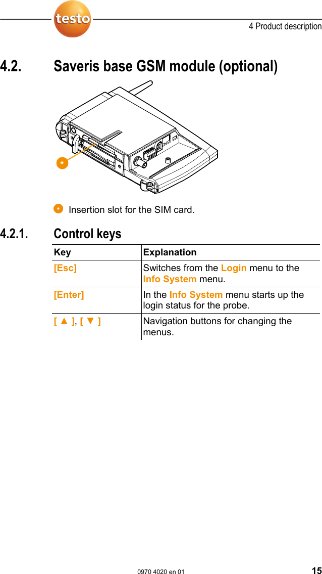  4 Product description  0970 4020 en 01 15  Pos: 29 /TD/Produktb eschreibung/&Uuml;bersic ht/testo Saveri s/00 Base/02 Base GSM @ 1\mod_1 196957066669_79.doc  @ 6084  4.2.  Saveris base GSM module (optional)     Insertion slot for the SIM card.  Pos: 30 /TD/Produktb eschreibung/&Uuml;bersic ht/testo Saveri s/00 Base/Bedientast en @ 0\mod_1190205422265_ 79.doc @ 4893  4.2.1. Control keys  Key Explanation [Esc]  Switches from the Login menu to the Info System menu. [Enter]  In the Info System menu starts up the login status for the probe. [ ▲ ], [ ▼ ]  Navigation buttons for changing the menus.   Pos: 31 /TD/Produktb eschreibung/&Uuml;bersic ht/testo Saveri s/00 Base/Displayanzei gen @ 0\mod_1190205462 296_79.doc @ 4902  *